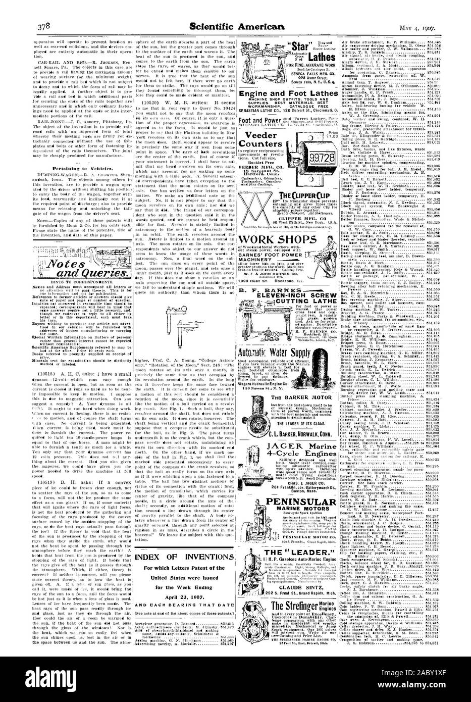 BARNES' FOOT POWER MACHINERY  THE 'LEADER. CLAUDE SINTZ PENINSULAR MARINE MOTORS JAGER Marine 4-Cycle Engines 0 Marine I Engine!) Star'!7% Engine and Foot Lathes Foot and Power Veeder Counters : THE CLIPPERCLIP B. 7' BARN ES ELEVEN-INCH SCREW INDEX OF INVENTIONS United States were Issued for the Week Ending April 23 1907., scientific american, 1907-05-04 Stock Photo