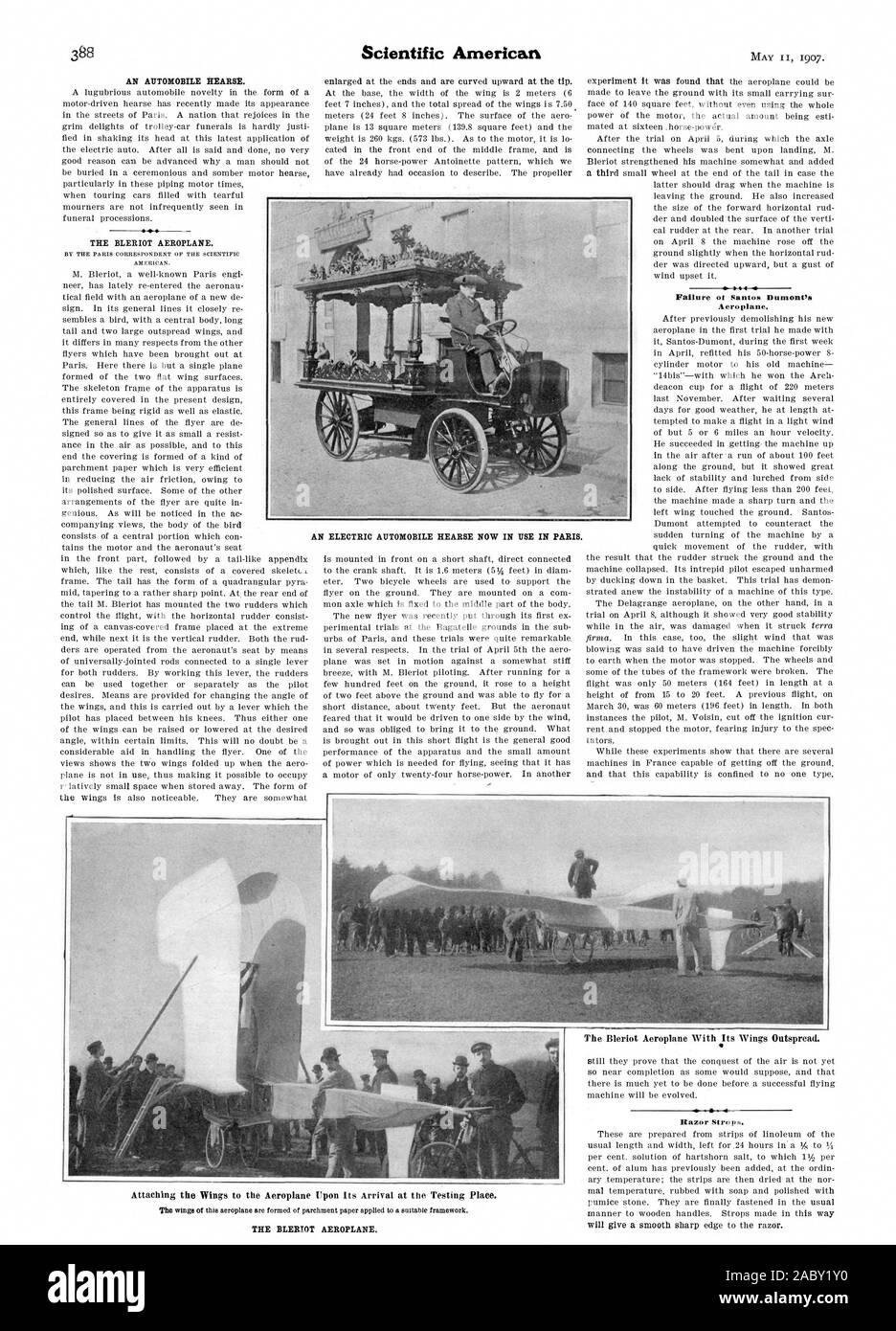 Failure of Santos Dumont's Aeroplane AN ELECTRIC AUTOMOBILE HEARSE NOW IN USE IN PARIS. The Bleriot Aeroplane With Its Wings Outspread. Razor Strops. THE BLERIOT AEROPLANE., scientific american, 1907-05-11 Stock Photo