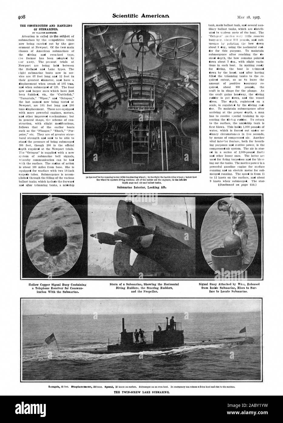 depth gage and air and ballast tanks. Submarine Interior Looking Aft. THE CONSTRUCTION AND HANDLING OF SUBMARINES. Hollow Copper Signal Buoy Containing Stern of a Submarine Showing the Horizontal Signal Buoy Attached by Wire Released ication With the Submarine. and the Propeller. face to Locate Submarine. THE TWIN-SCREW LAKE SUBMARINE., scientific american, 1907-05-18 Stock Photo