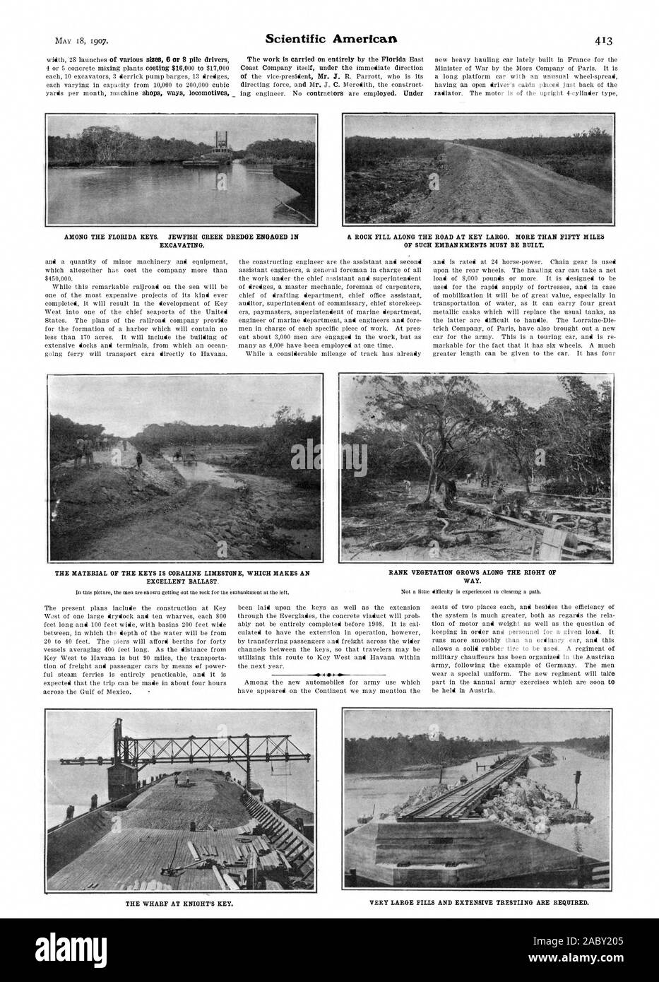 The work is carried on entirely by the Florida East AMONG THE FLORIDA KEYS. JEWFISH CREEK DREDGE ENGAGED IN A ROCK FILL ALONG THE ROAD AT KEY LARGO. MORE THAN FIFTY MILEb EXCAVATING. OF SUCH EMBANKMENTS MUST BE BUILT. THE WHARF AT KNIGHT'S KEY., scientific american, 1907-05-18 Stock Photo