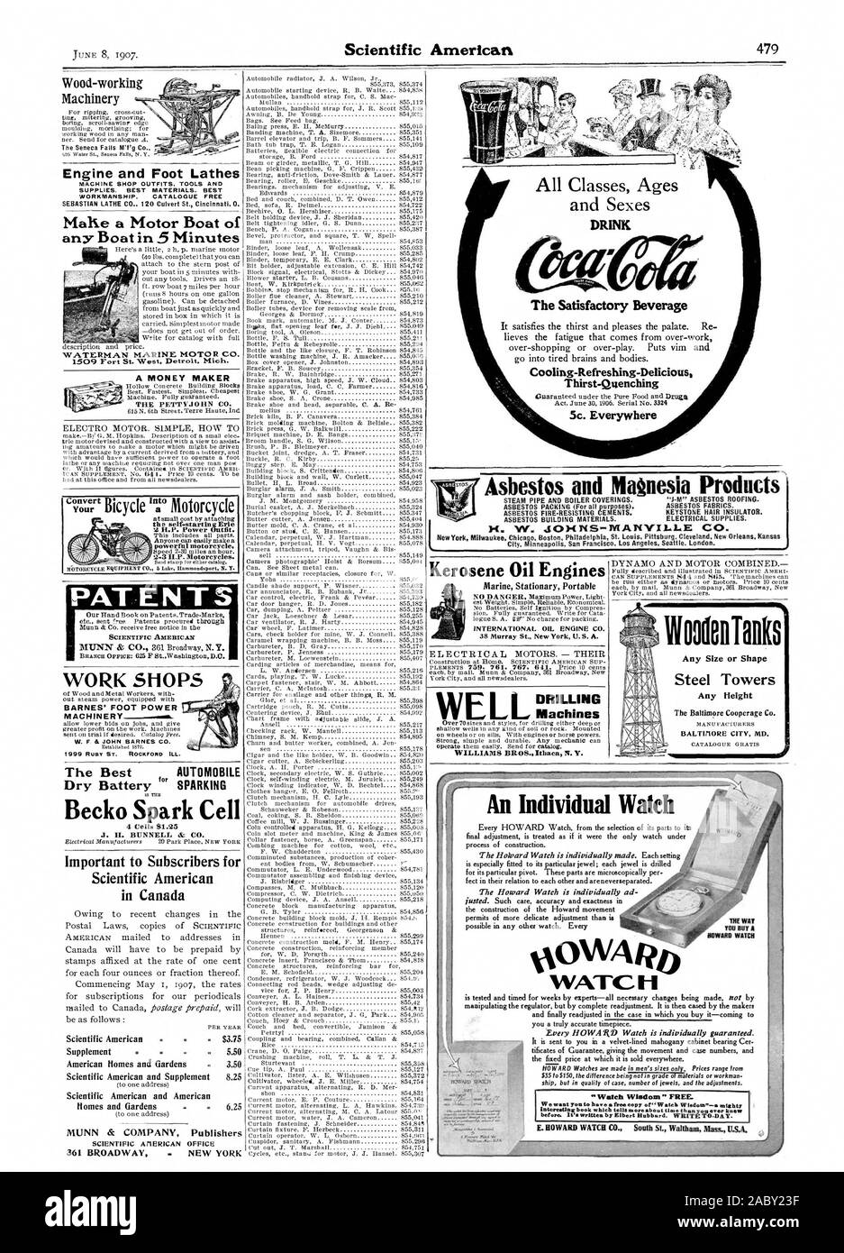 DRINK The Satisfactory Beverage Thirst-Quenching Sc. Everywhere Asbestos and Magnesia Products STEAM PIPE AND BOILER COVERINGS. '1-M' ASBESTOS ROOFING. ASBESTOS FIRE.RESISTING CEMENIS. KEYSTONE HAIR INSULATOR. ASBESTOS BUILDING MATERIALS. ELECTRICAL SUPPLIES. H. W. JOHNS-MAIIITILLE CO. Kerosene Oil Engines Marine Stationary Portable INTERNATIONAL OIL ENGINE CO. ELECTRICAL MOTORS. - THEIR DRILLING Machines DYNAMO AND MOTOR COMBINED woognianks Any Size or Shape Steel Towers Any Height Scientific American . Supplement Scientific American and Supplement Scientific American and American Homes and G Stock Photo