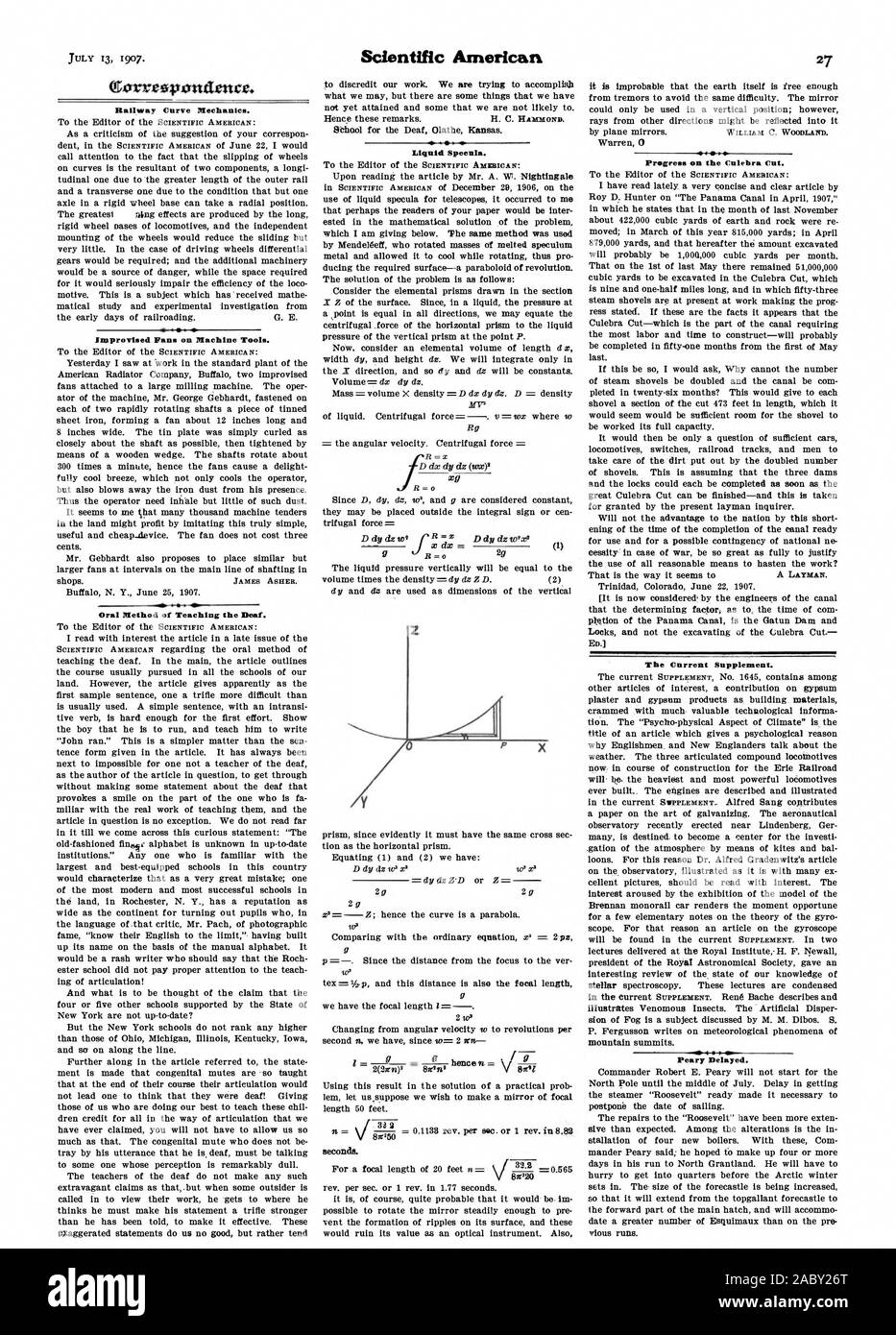 Railway Curve Mechanics. Intaprovised Fans on Machine Tools. Oral Method of Teaching the Deaf. Liquid Specula. x dx  Progress on the Culebra Cut. The Current Supplement. Peary Delayed., scientific american, 1907-07-13 Stock Photo