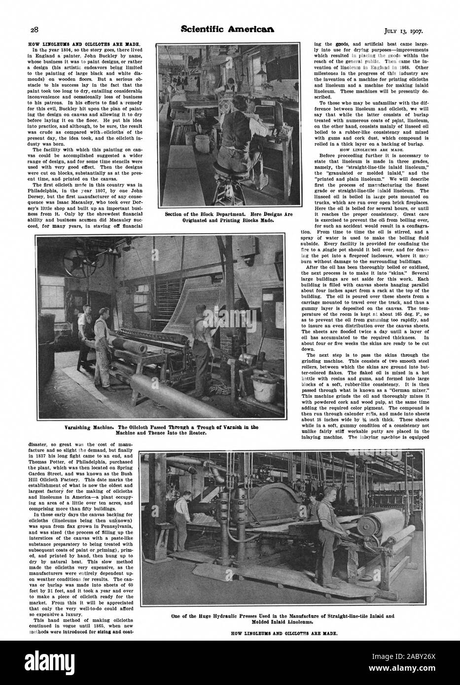 HOW LINOLEUM AND OILCLOTHS ARE MADE. Section of the Block Department. Here Designs Are Originated and Printing Blocks Made. Machine and Thence Into the Heater. HOW LINOLEUM AND OILCLOTHS ARE MADE. One of the Huge Hydraulic Presses Used in the Manufacture of Straight-line-tile Inlaid and Molded Inlaid Linolenms., scientific american, 1907-07-13 Stock Photo