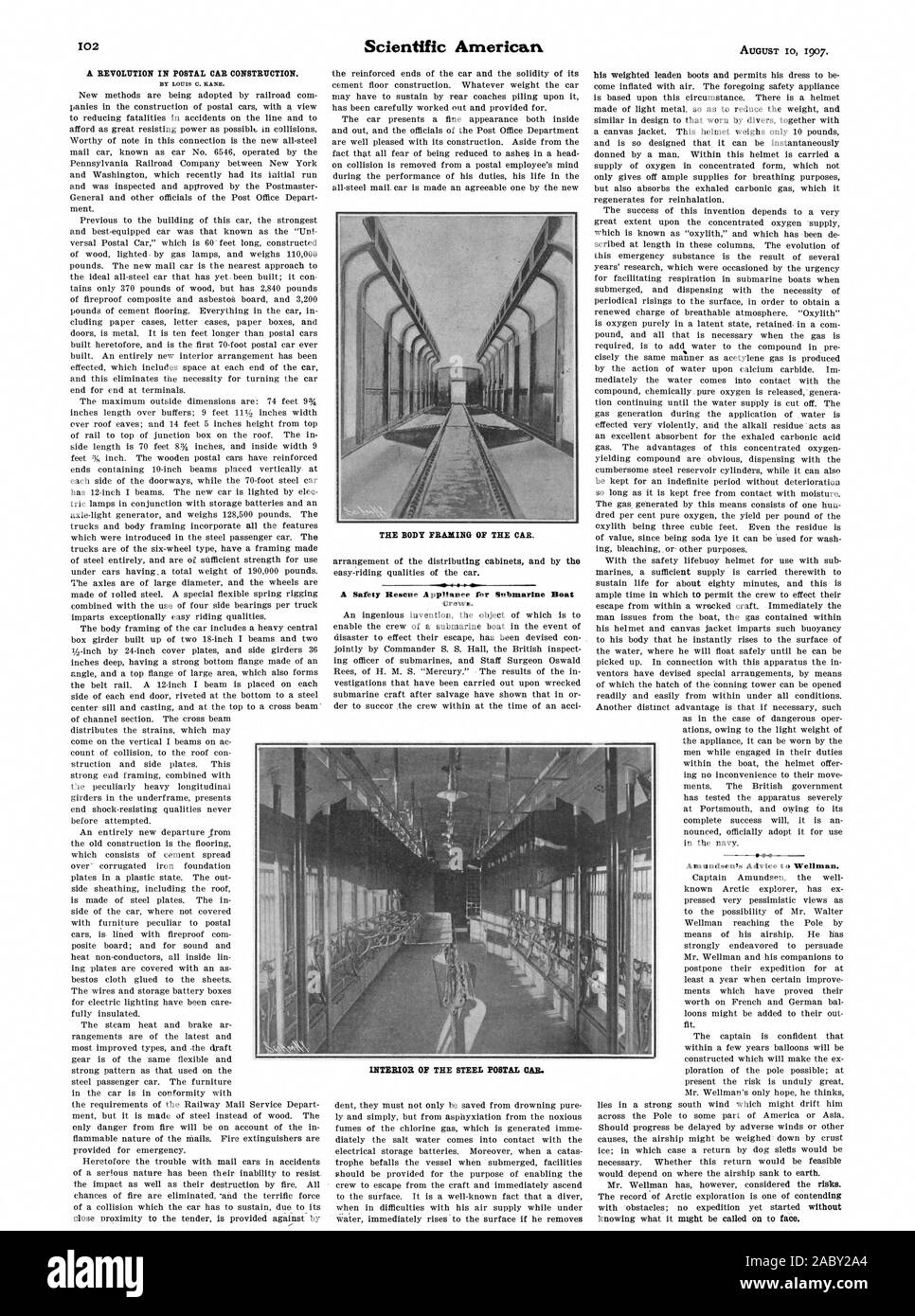 BY LOUIS C. RAE. THE BODY FRAMING OF THE CAR. M I S40. A Safety Rescue Appliance for Submarine Boat Crews. I AmundeenNo Advice to Wellman., scientific american, 1907-08-10 Stock Photo