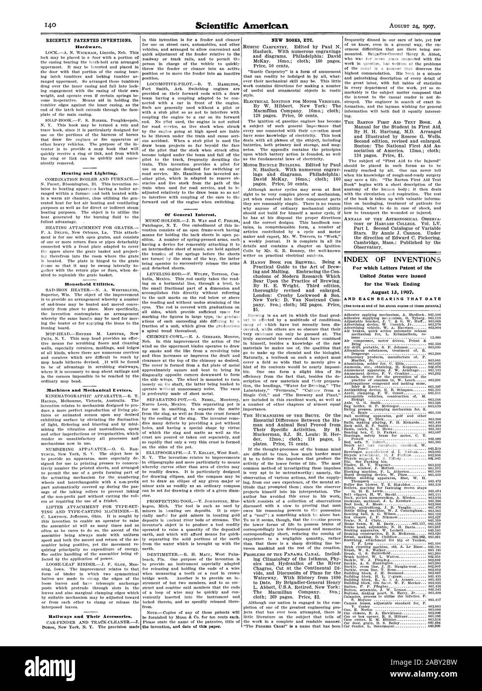 Hardware. Heating and Lighting. Household Utilities. Railways and Their Accessories. Of General Interest. INDEX OF INVENTIONS For which Letters Patent of the United States were Issued for the Week Ending August 13 1907., scientific american, 1907-08-11 Stock Photo