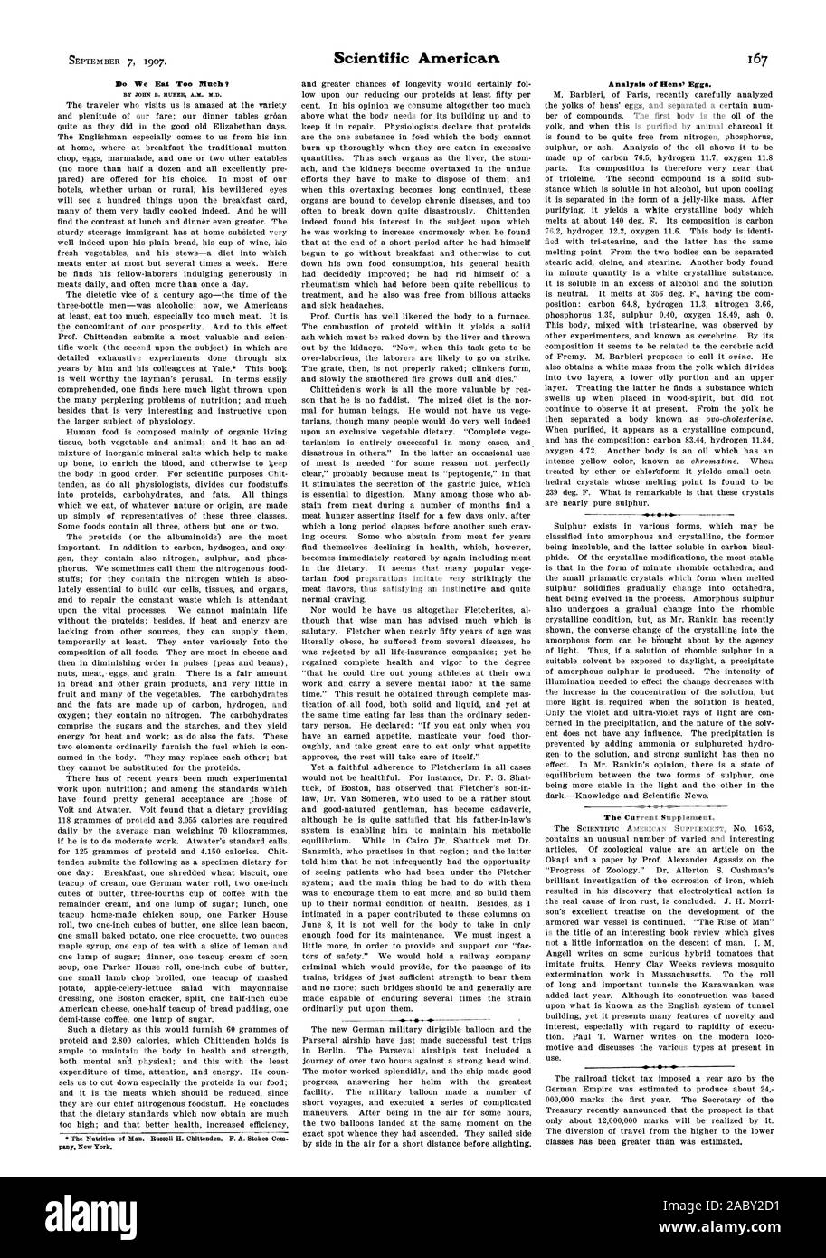 Do We Eat Too Much? BY JOHN B. HUBER A.M. N.D.  The Nutrition of Man. Russell H. Cbittenden. F. A. Stokes Corn. pany New York. The Current Supplement., scientific american, 1907-09-07 Stock Photo