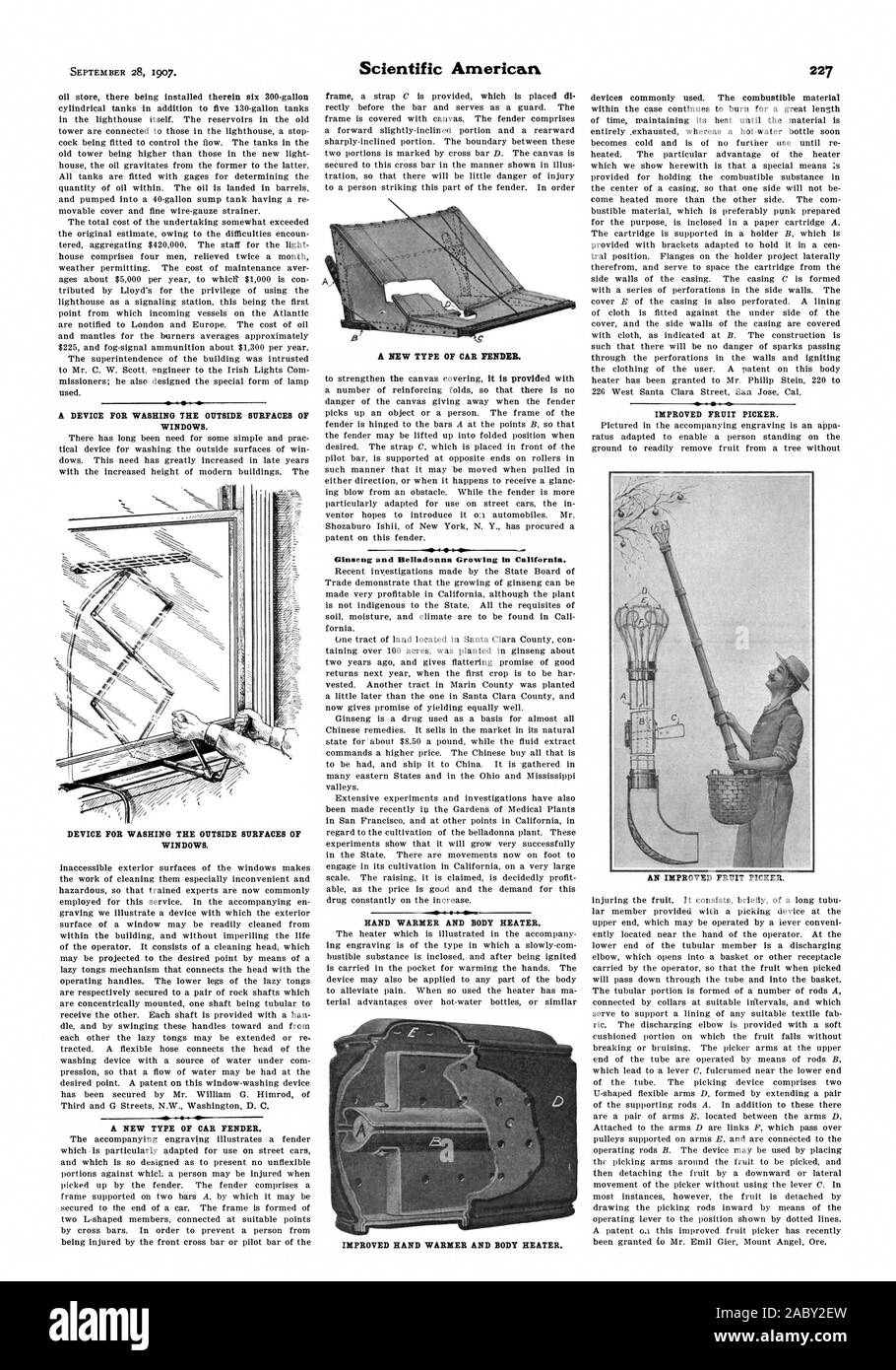 A DEVICE FOR WASHING THE OUTSIDE SURFACES OF WINDOWS. DEVICE FOR WASHING THE OUTSIDE SURFACES OF WINDOWS. A NEW TYPE OF CAR FENDER. V-4--0-41% Ginseng and Belladonna Growing in California. HAND WARMER AND BODY HEATER. IMPROVED HAND WARMER AND BODY HEATER. IMPROVED FRUIT PICKER. AN IMPROVED FRUIT PICKER., scientific american, 1907-09-28 Stock Photo