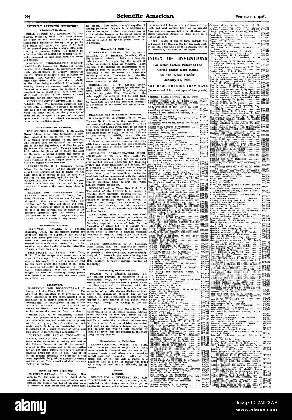 Lever and quadrant bar reversing W. W. 9 Kleese  877202 Lifting jack Topping & Plice   877386 2 Lightning rod L. L Mast  877442, scientific american, 1908-02-11 Stock Photo