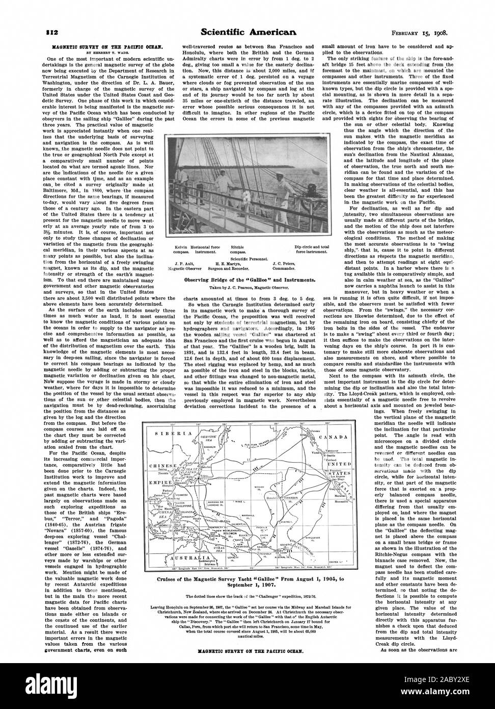 MAGNETIC SURVEY ON THE PACIFIC OCEAN. BY HKILBEBT T. WADE. Observing Bridge of the 'Galilee' and Instruments. WV Cruises of' the Magnetic Survey Yacht 'Galilee' From August 1 1905 t September 1 1907. MAGNETIC SURVEY ON TEE PACIFIC OCEAN., scientific american, 1908-02-15 Stock Photo