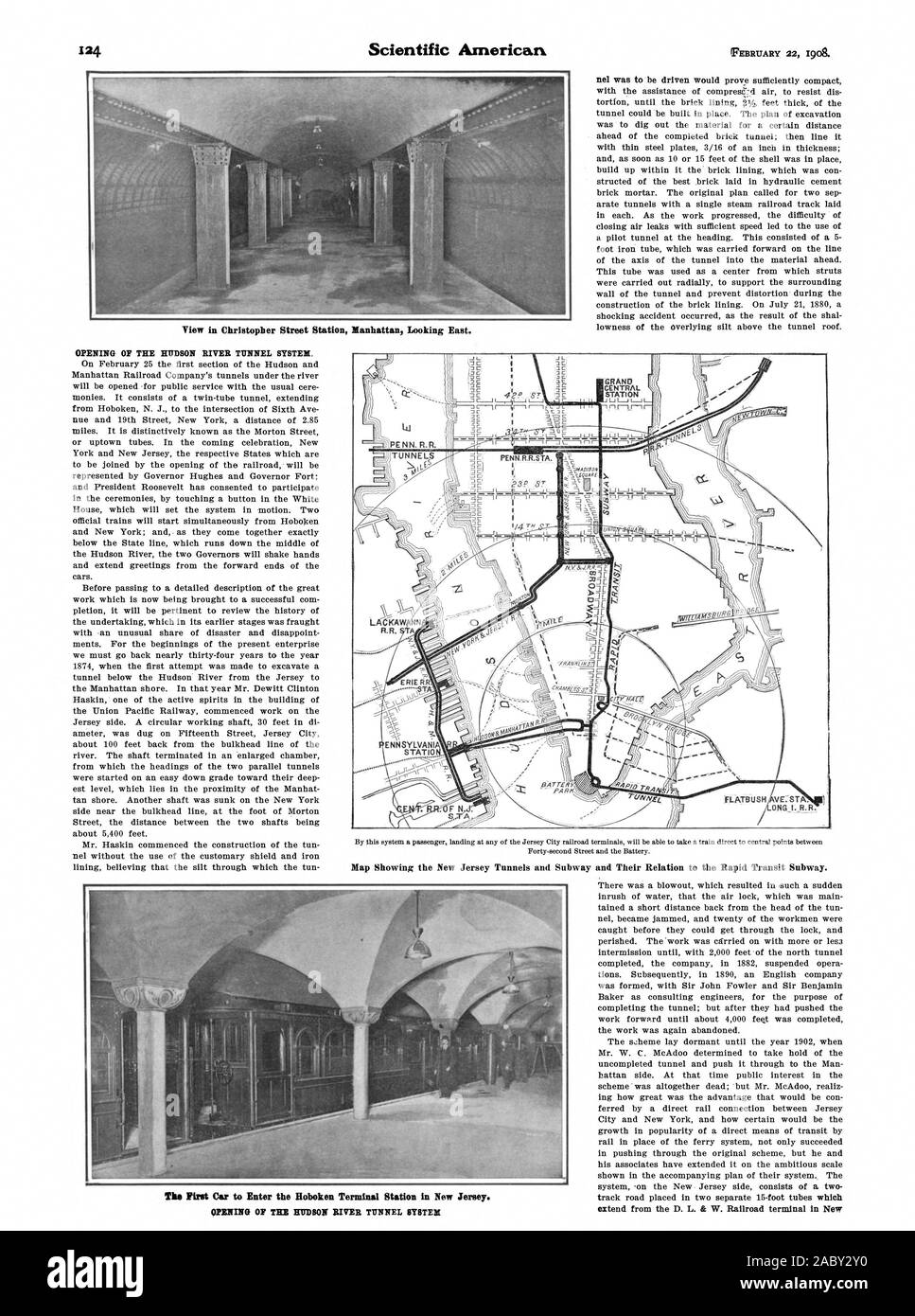 View in Christopher Street Station Manhattan Looking East. FEBRUARY 22 190& Map Showing the New Jersey Tunnels and Subway and Their Relation to the Rapid Transit Subway. extend from the D. L. & W. Railroad terminal in New, scientific american, 1908-02-22 Stock Photo