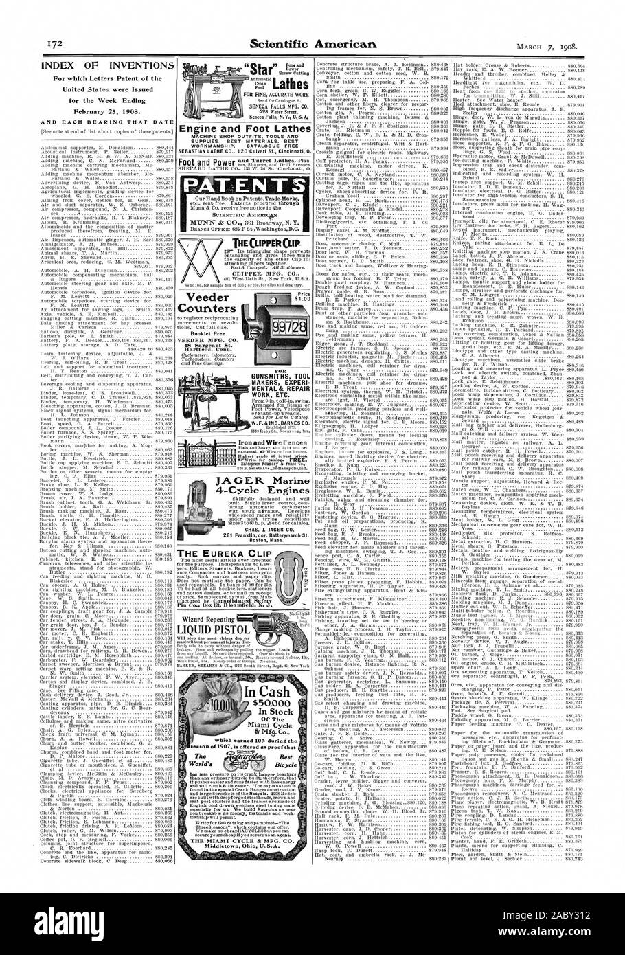 INDEX OF INVENTIONS Engine and Foot Lathes MACHINE SHOP OUTFITS TOOLS AND SUPPLIES. BEST MATERIALS. BEST WORKMANSHIP. CATALOGUE FREE SEBASTIAN LATHE CO 120 Culvert St. Cincinnati. O. PATENTS SCIENTIFIC AMEEICe CLIPPER MFG. CO. Counters Booklet Free VEEDER MFG. CO. Hartford Conn. FOR GUNSMITHS TOOL MAKERS EXPERI MENTAL& REPAIR WORK ETC. W.F.&180.BARNESCO. Iron and Wire Fences 4-Cycle Engines CHAS. J. JAGER CO. 281 Franklin car. Batterymarch St. Boston Mass. In Cash $50000 In Stock 01 The season of 1907 is offered an proof that FOR PINE ACCURATE WORK THE EUREKA CLIP Wizard Repeating LIQUID Stock Photo