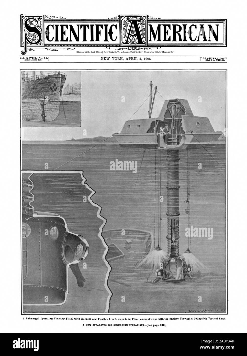 $3.00 A YEAR. Vol. XCVIIINo. 14.i CIENTIFIC MERICAN, scientific american, 1908-04-04, a new apparatus for submarine operations Stock Photo