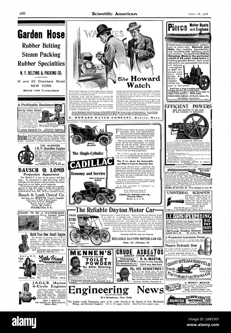 to rendthis I Ittle Journey drop us a postal curd-Dept. P-we'll be glad to send it to you. Also a little catalogue and price list with illustrations actual size-of great value to the watch buyer. E. HOWARD WATCH COMPANY Boston. Mass. The Reliable Dayton Motor Car 'MENNEN'S BORATED TALCUM TOILET POWDER for After Shaving. CRUDE ASBESTOS FROM MINES Vu USE GRINDSTONES? The CLEVELAND STONE CO. % 2d Floor. Wilshire. Cleveland. 0. DIRECT PREPARED ASBESTOS FIBRE R. H. MARTIN OFFICE. ST.PAUL BUILDING Engineering News 214 Broadway New York Model T The Single-Cylinder Economy and Service ModelS-Runabont Stock Photo