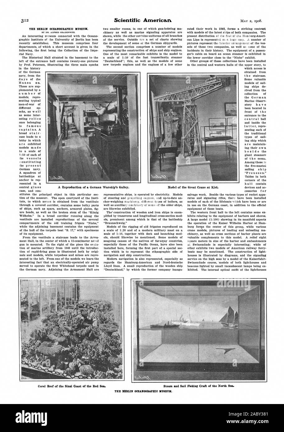 THE BERLIN OCEANOGRAPHIC MUSEUM. A Reproduction of a German Warship's Galley. Model of the Great Crane at Kiel. THE BERLIN OCEANOGRAPHIC MUSEUM., scientific american, 1908-05-02 Stock Photo