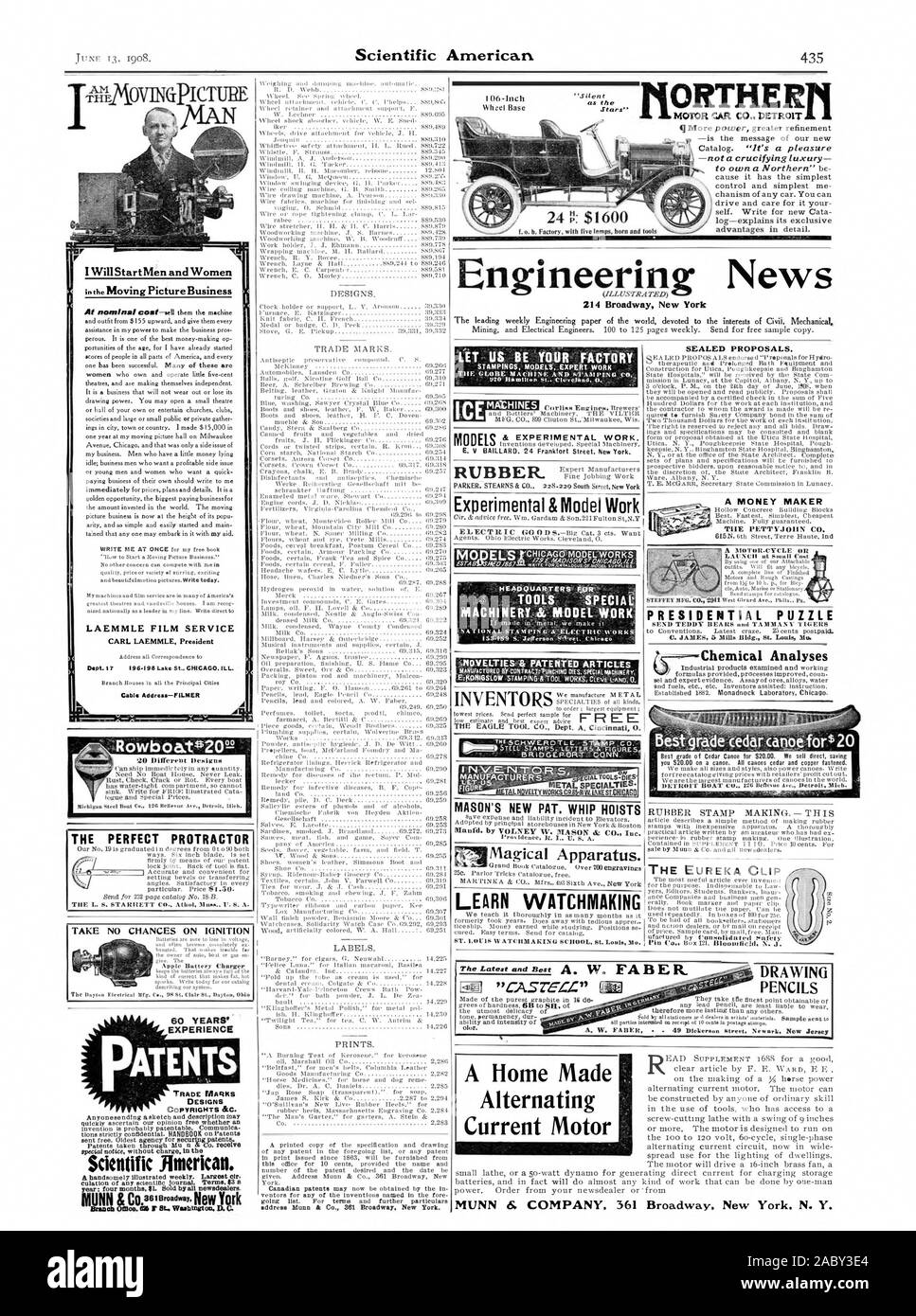 Engineering News LABELS. EARN WATCHMAKING SEALED PROPOSALS. A MONEY MAKER TIIE PEI'CYJOUN CO. PRESIDENTIAL PUZZLE RUBBER STAMP MAKING. — THIS THE EUREKA CLIP TAKE NO CHANCES ON IGNITION THE PERFECT PROTRACTOR I Will Start Men and Women LAEMMLE FILM SERVICE CARL LAEMMLE President Dept. 17 196-I 98 Lake St CHICAGO. ILL. Cable Address—EMMEN Need No Boat House. Never Leak. :NOVELTIES & PATENTED ARTICLES HEADQUARTERS- FOR' TOOLS SPECIAL MACHINERY-I MODEL WORK LET US BE YOUR FACTORY STAMPINGS MODELS EXPERT WORK Experimental & Model Work 1004) ELSICHICAGO MODEL WORKS & EXPERIMENTAL WORK. MODELS MASON Stock Photo