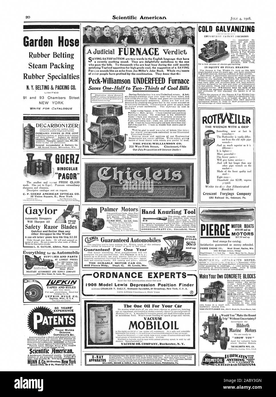 PIER MOTOR BOATS MOTORS $37.50 and up 1421 Michigan Avenue Chicag almer Motors VACUUM MOBILOIL Guaranteed For One Year THE DURABLE MOTOR CAR CO. 603 Pierce Bldg. Dept. G St. Louis Mo. FOUR STYLES $675 and up Hand Knurling Tool GOODELL-PRATT CO. Greenfield Mass Make Your Own CONCRETE BLOCKS 'SHOW YOU' SEND FOR ANYTHING. nticir ItiBRICAns, scientific american, 1908-07-04 Stock Photo