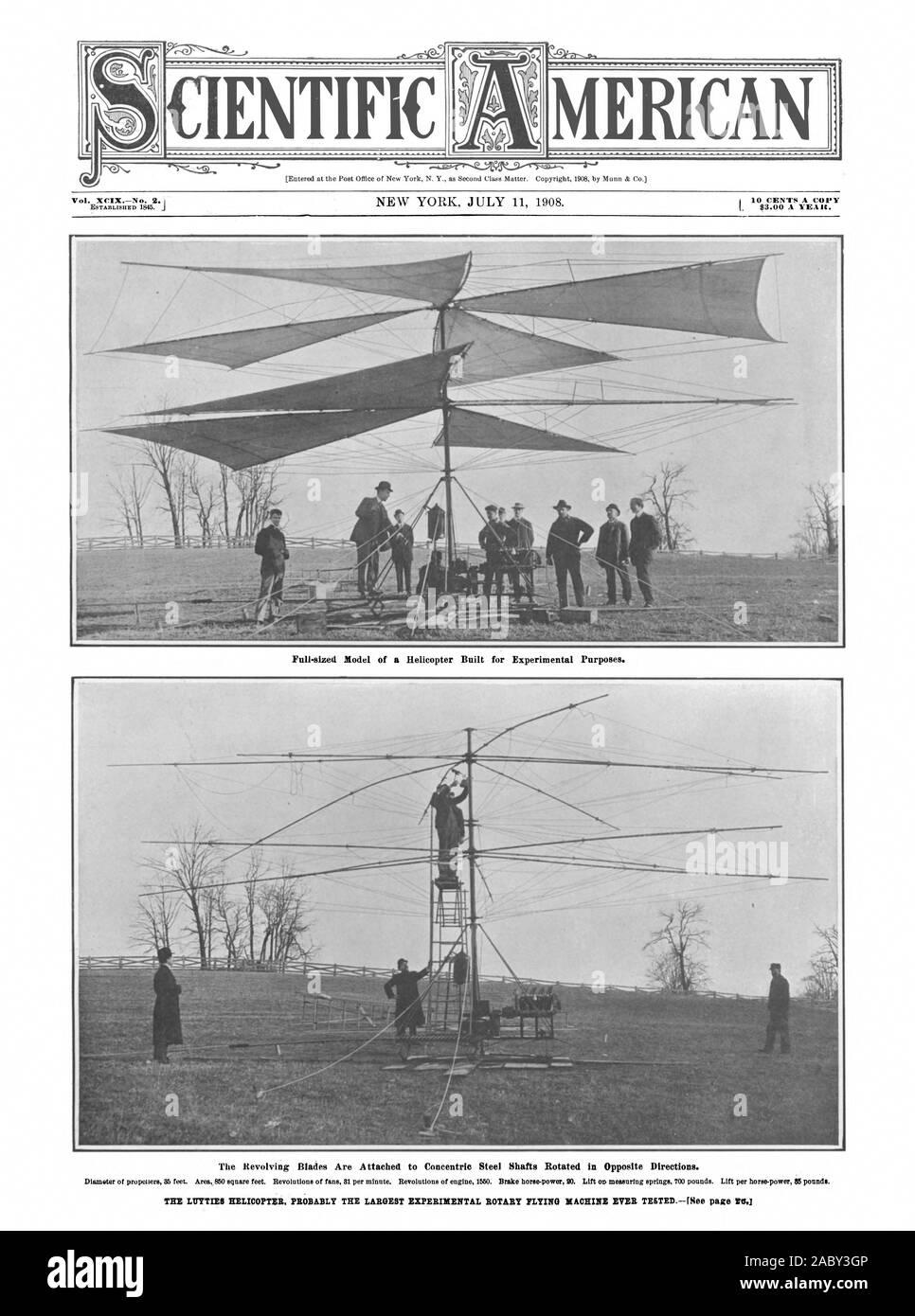 The Revolving Blades Are Attached to Concentric Steel Shafts Rotated in  Opposite Directions. THE L1JYTIES HELICOPTER. PROBABLY THE LARGEST  EXPERIMENTAL ROTARY PLYING MACHINE EVER TESTEDNee page VO.1 CIENTIFIC  MERICAN, scientific american, 1908-07-11