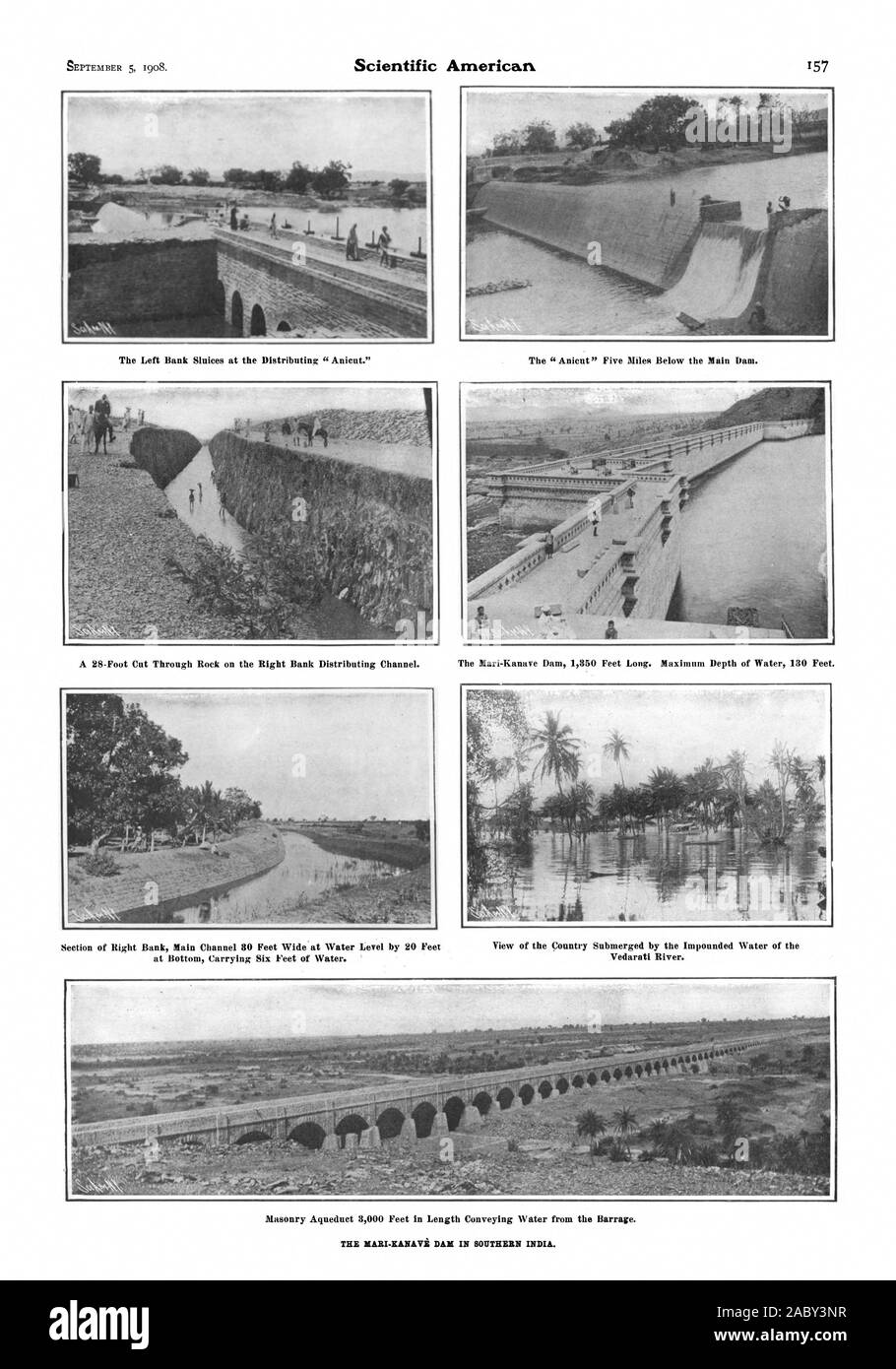 The ' Anicut' Five Miles Below the Main Dam. A 28-Foot Cut Through Rock on the Right Bank Distributing Channel. The Mari-Kanave Dam 1350 Feet Long. Maximum Depth of Water 130 Feet. Section of Right Bank Main Channel 30 Feet Wide at Water Level by 20 Feet View of the Country Submerged by the Impounded Water of the at Bottom Carrying Six Feet of Water. Vedarati River. Masonry Aqueduct 3000 Feet in Length Conveying Water from the Barrage. THE MARLICANAVE DAM IN SOUTHERN INDIA., scientific american, 1908-09-05 Stock Photo