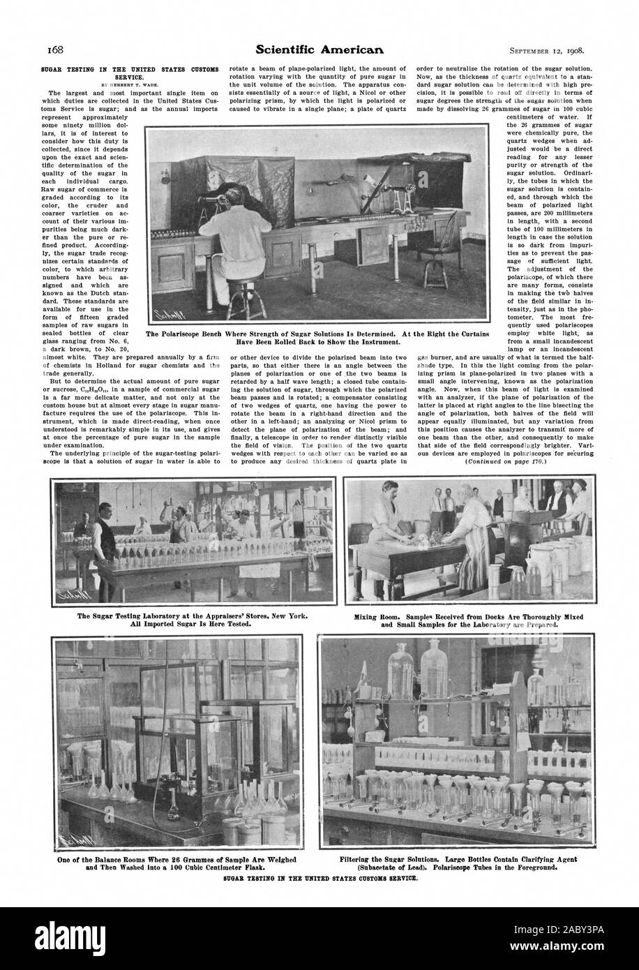 Where Strength of Sugar Solutions Is Determined. At the Right the Curtains Have Been Rolled Back to Show the Instrument. The Sugar Testing Laboratory at the Appraisers' Stores New York. Mixing Room. Samples Received from Docks Are Thoroughly Mixed All Imported Sugar Is Here Tested. and Small Samples for the Laboratory are Prepared. One of the Balance Rooms Where 26 Grammes of Sample Are Weighed Filtering the Sugar Solutions. Large Bottles Contain Clarifying Agent and Then Washed into a 100 Cubic Centimeter Flask. (Subacetate of Lead). Polariscope Tubes in the Foreground., scientific american Stock Photo