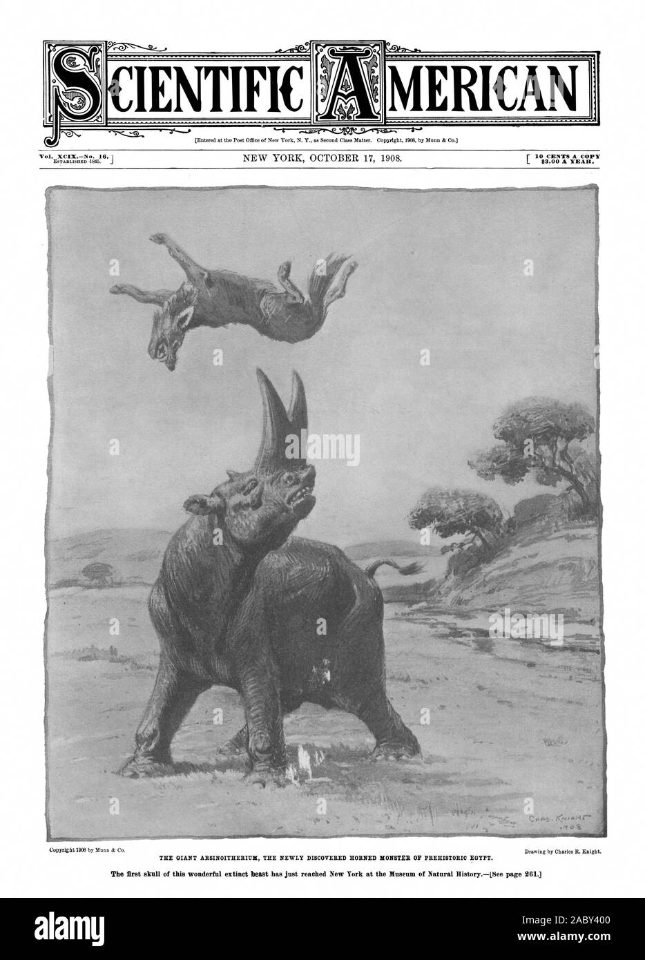 10 CENTS A COPY $3.00 A YEAR. CIENTIFIC MERICA THE GIANT ARSINOITHERIUM THE NEWLY DISCOVERED HORNED MONSTER OF PREHISTORIC EGYPT., scientific american, 1908-10-17, giant Arsinoitherium Stock Photo
