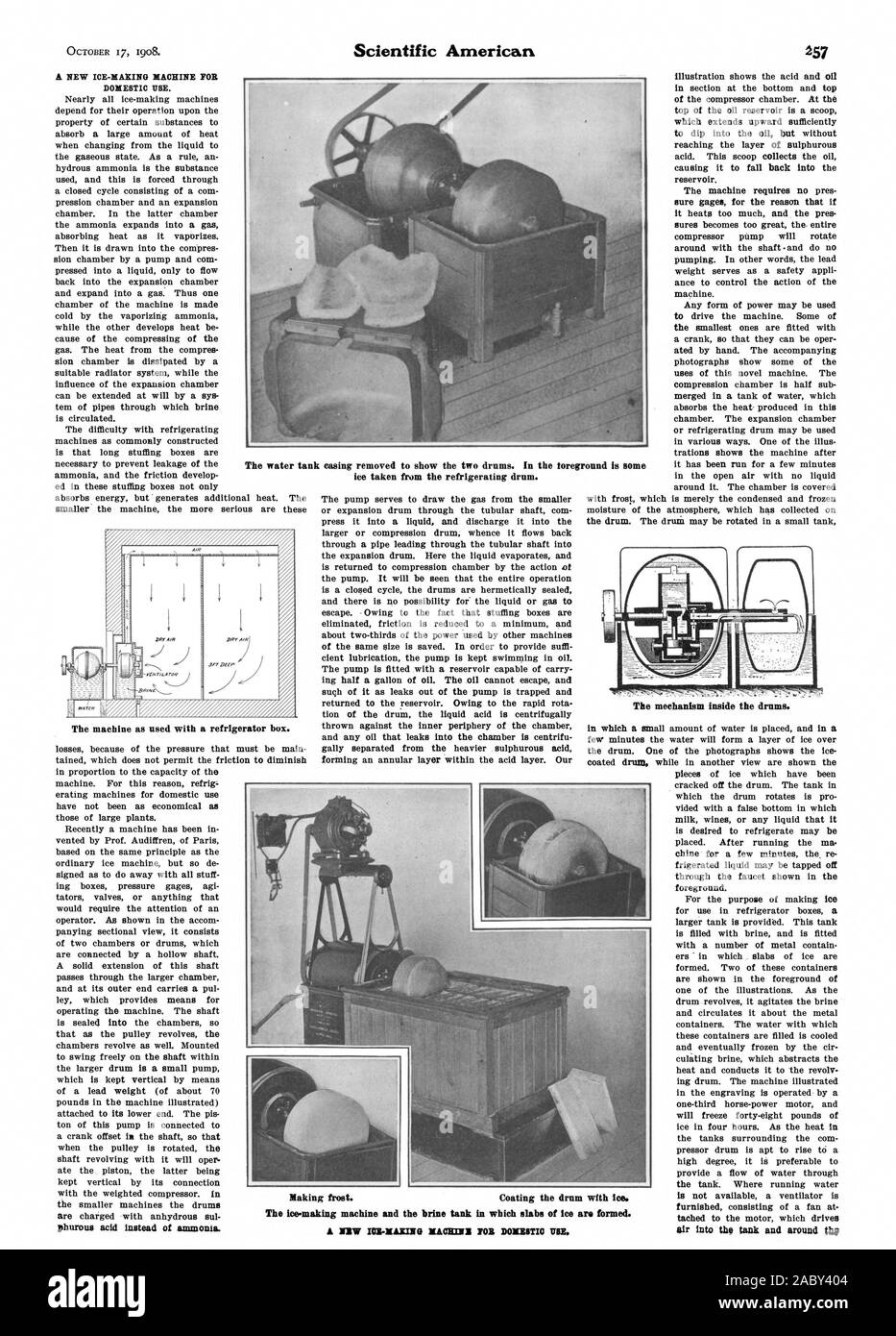 The machine as used with a refrigerator box. NEVA The mechanism inside the drums. The water tank casing removed to show the two drums. in the foreground is some ice taken from the refrigerating drum. The ice-making machine and the brine tank in which slabs of ice are formed., scientific american, 1908-10-17 Stock Photo