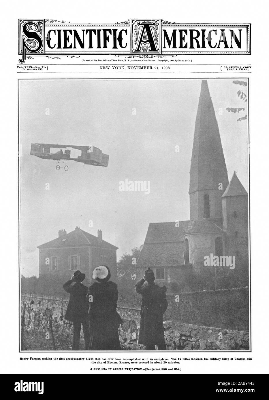 MERICAN, scientific american, 1908-11-21, A new era of aerial navigation. Henry Farman making the first cross-country flight that has ever been accomplished with an aeroplane. The 17 miles between the military camp at Chalons and the city of Rheims, France, were covered in about 20 minutes Stock Photo