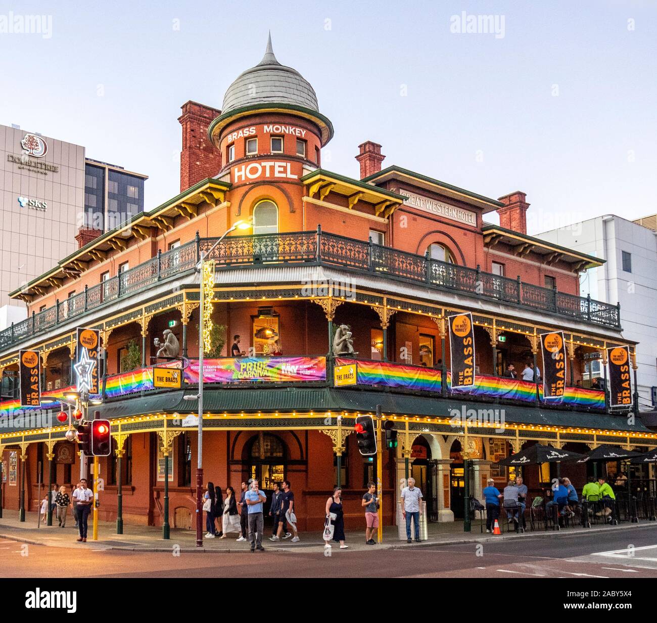The Great Western Hotel now called the Brass Monkey Hotel adorned with