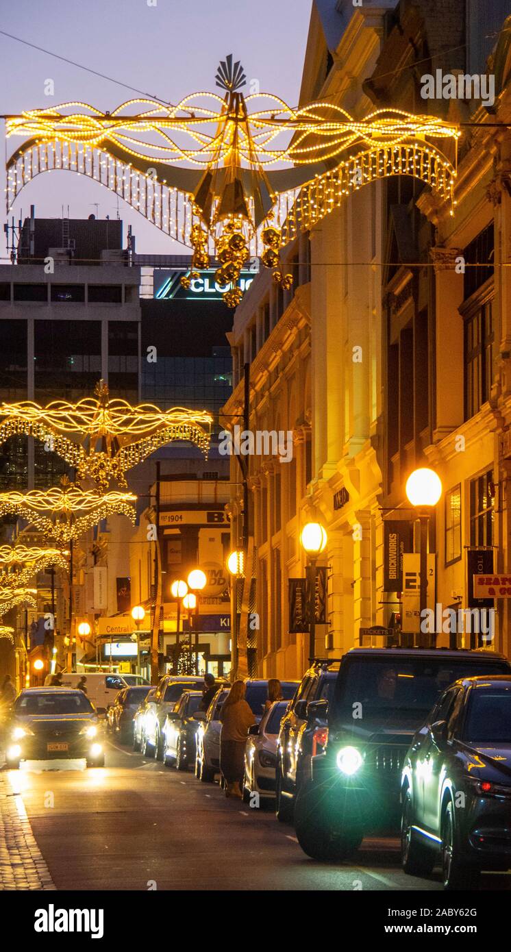 Christmas lights above traffic in King Street Perth Western Australia
