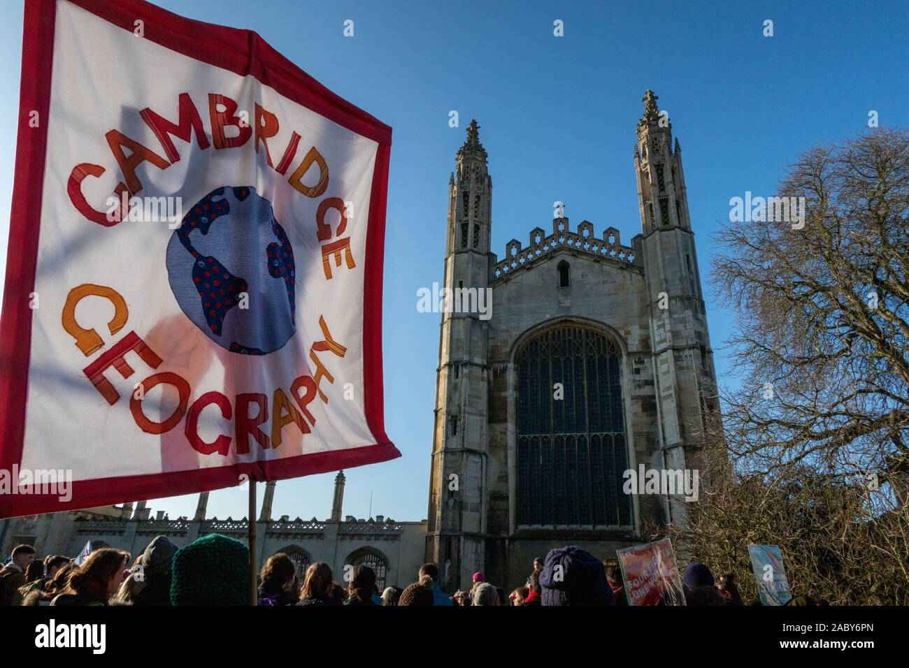 UCU Banner during strike and protest in Cambridge. University workers are to strike in disputes over pay and pensions.In front of Cambridge University Stock Photo