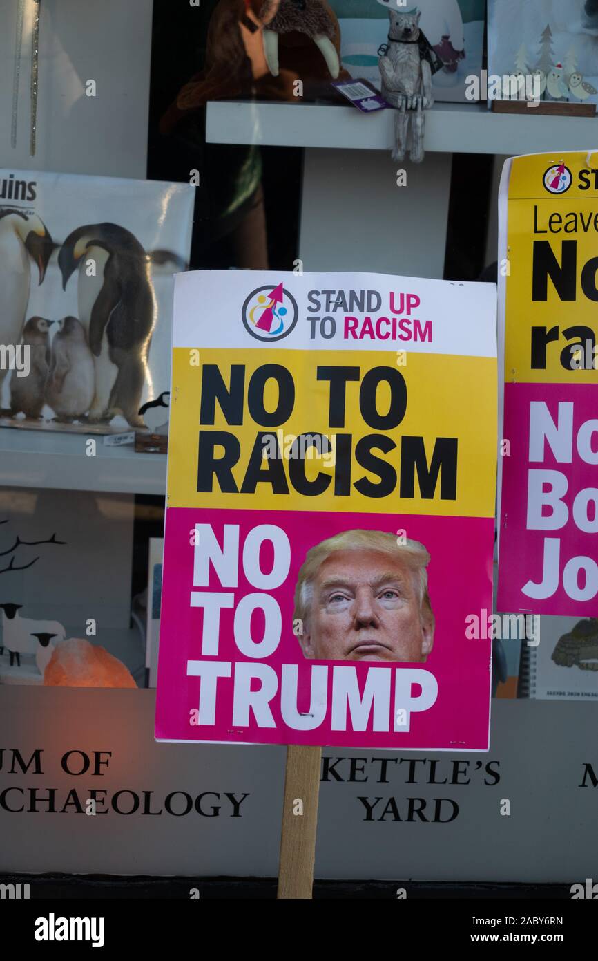 No to Racism and no to Trump banners in Cambridge, part of a Stand up to racism campaign in Cambridge5 Stock Photo
