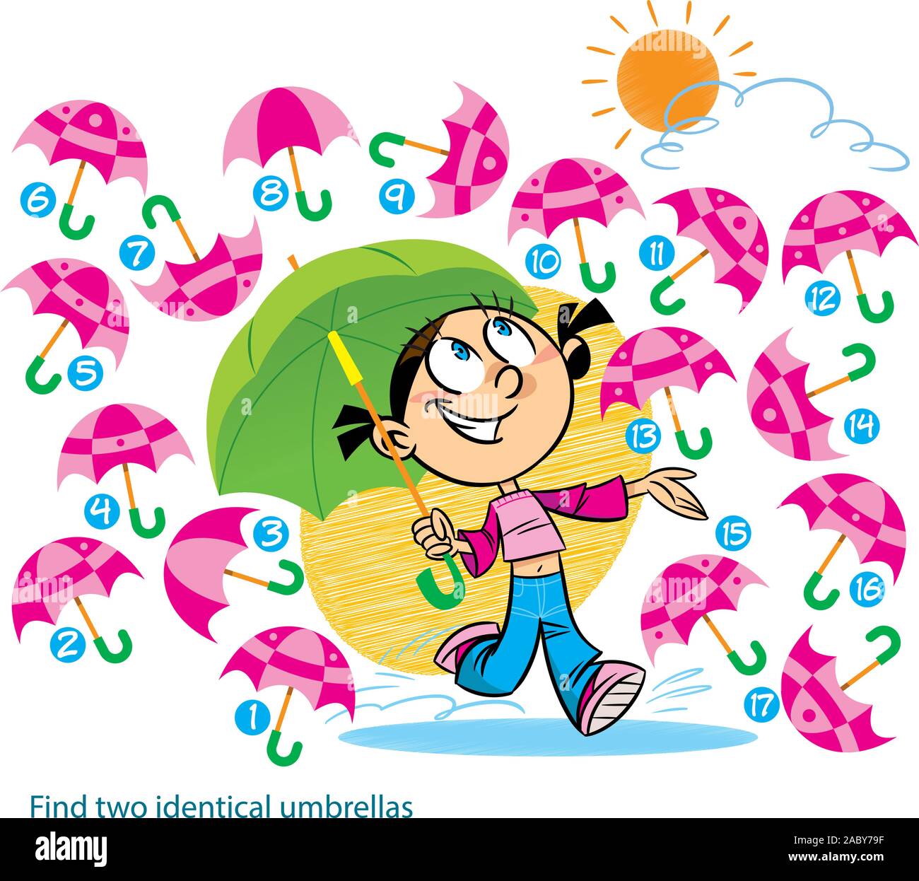 A vector illustration with a puzzle in which you need to find two identical umbrellas. Stock Vector
