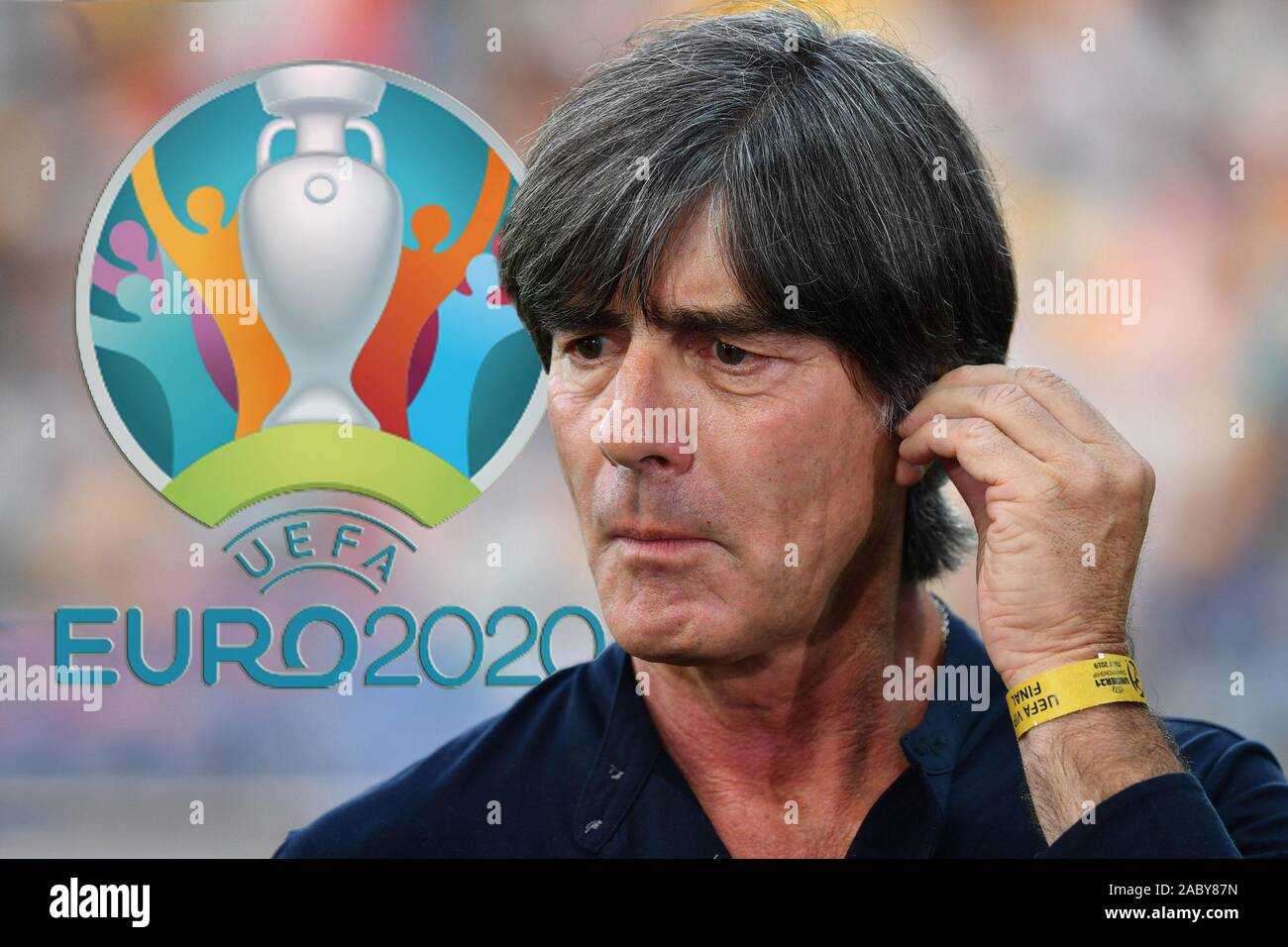 Udine, Italien. 07th Sep, 2019. PHOTO ASSEMBLY: Federal coach Joachim Jogi  LOEW, L, AÖW (GER) in front of the Euro 2020 logo, EURO 2020, European  Championship, archive photo: Federal coach Joachim Jogi