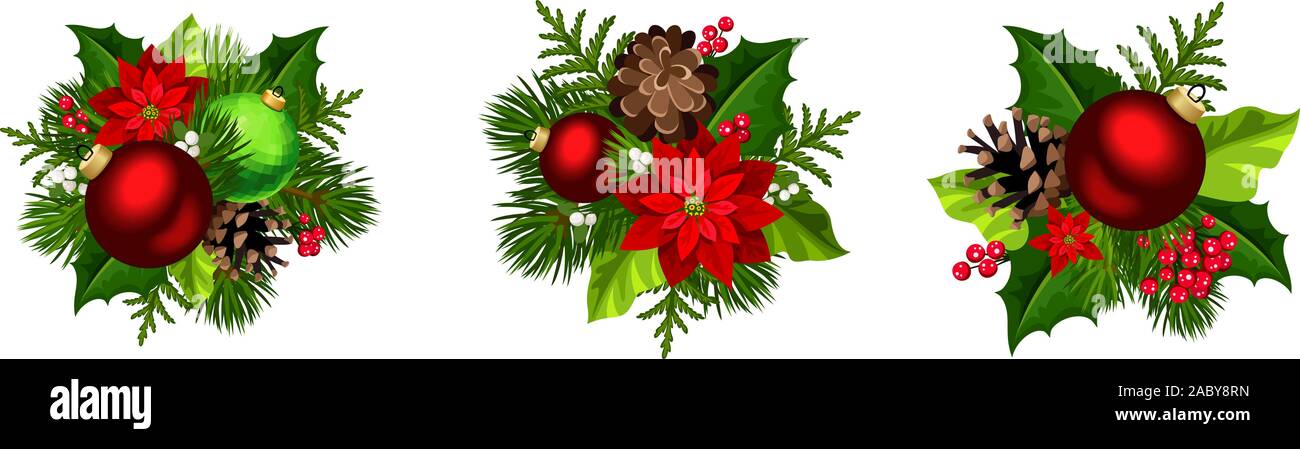 Set of three vector Christmas decorations with red and green balls ...