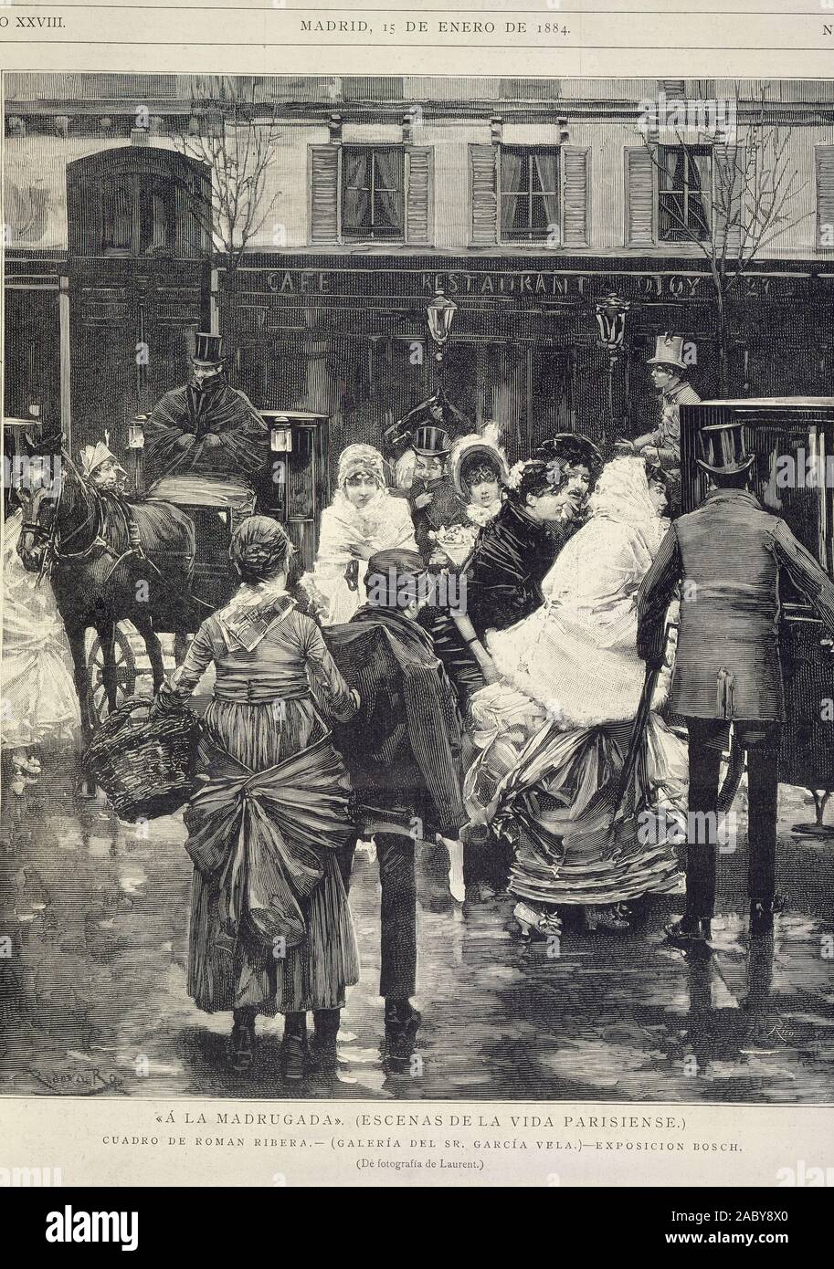 ILUSTRACION ESPAÑOLA Y AMERICANA: 'A LA MADRUGADA' (VIDA PARISIENSE) MADRID - 15/1/1884. Author: ROMAN RIBERA. Location: BIBLIOTECA NACIONAL-COLECCION. MADRID. SPAIN. Stock Photo