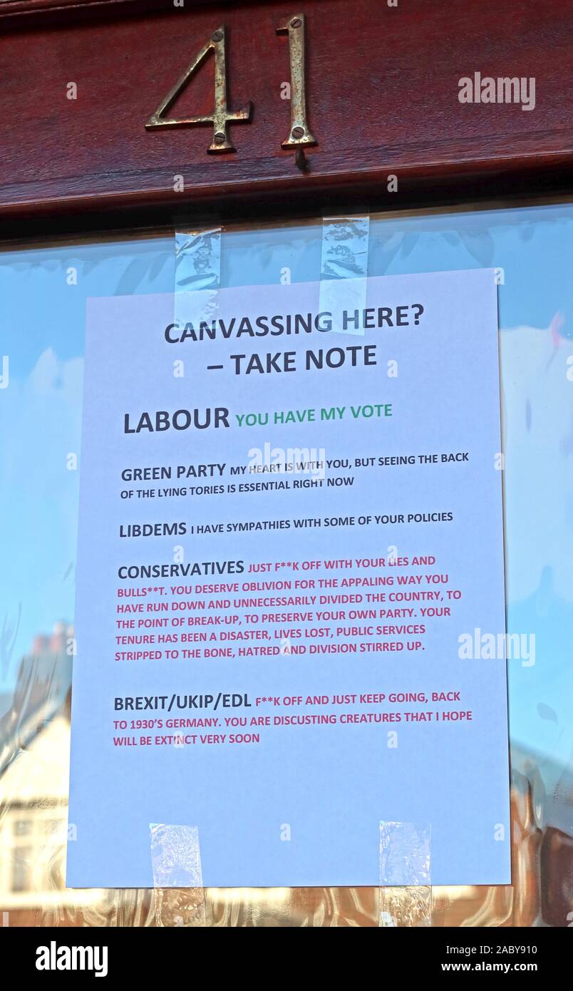 Canvassers Please Take Note - Note to General Election Candidates,printed note on front door,urban housing,Labour,Green,Conservative,Brexit Party,LD Stock Photo