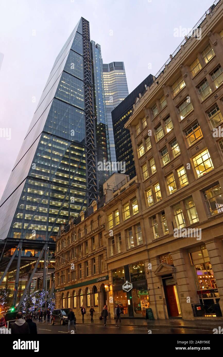 City of London skyline,from Leadenhall Street,offices,skyscrapers,architecture, at dusk,London,England,UK,EC3A 8BN Stock Photo