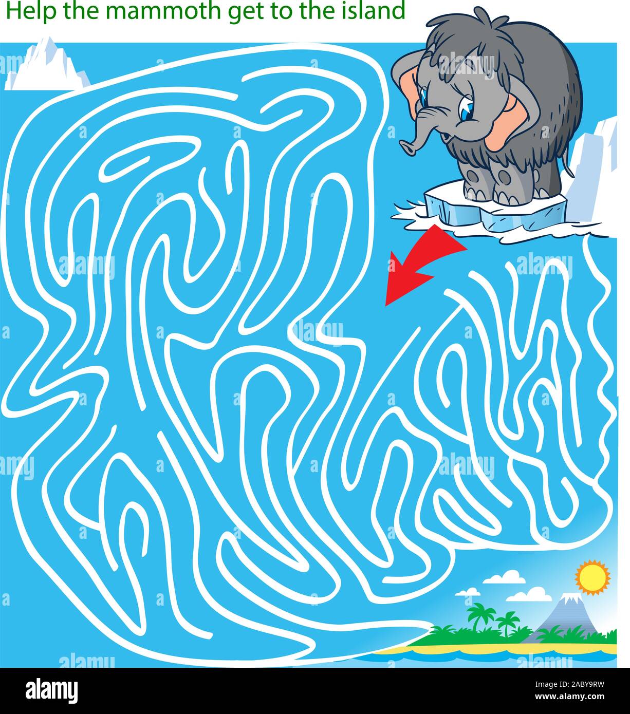 Vector illustration with a puzzle in which it is necessary to help the mammoth to get to the island Stock Vector