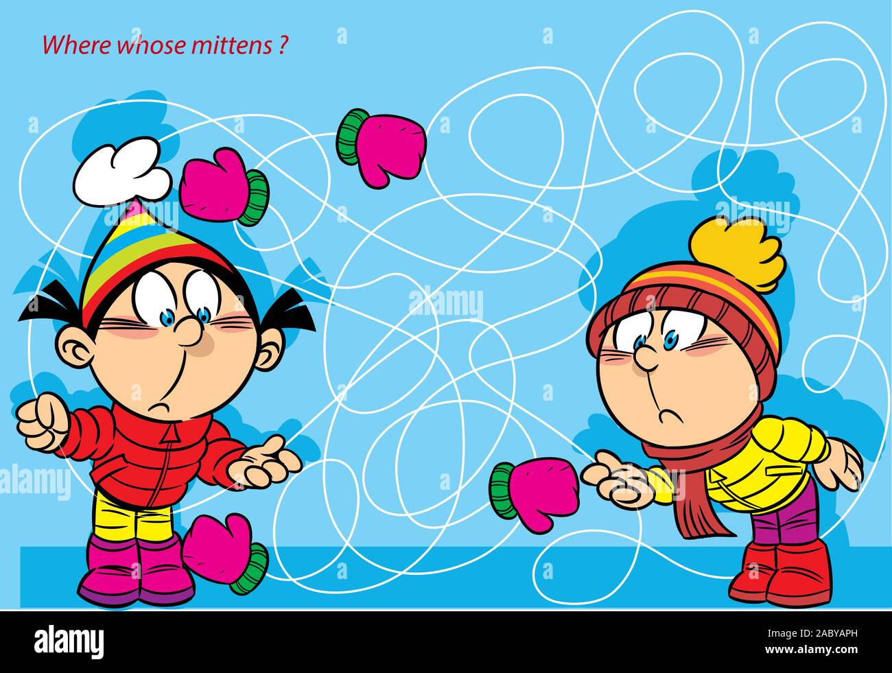 Vector illustration with a puzzle in which it is necessary to help children find where whose mittens are. Stock Vector