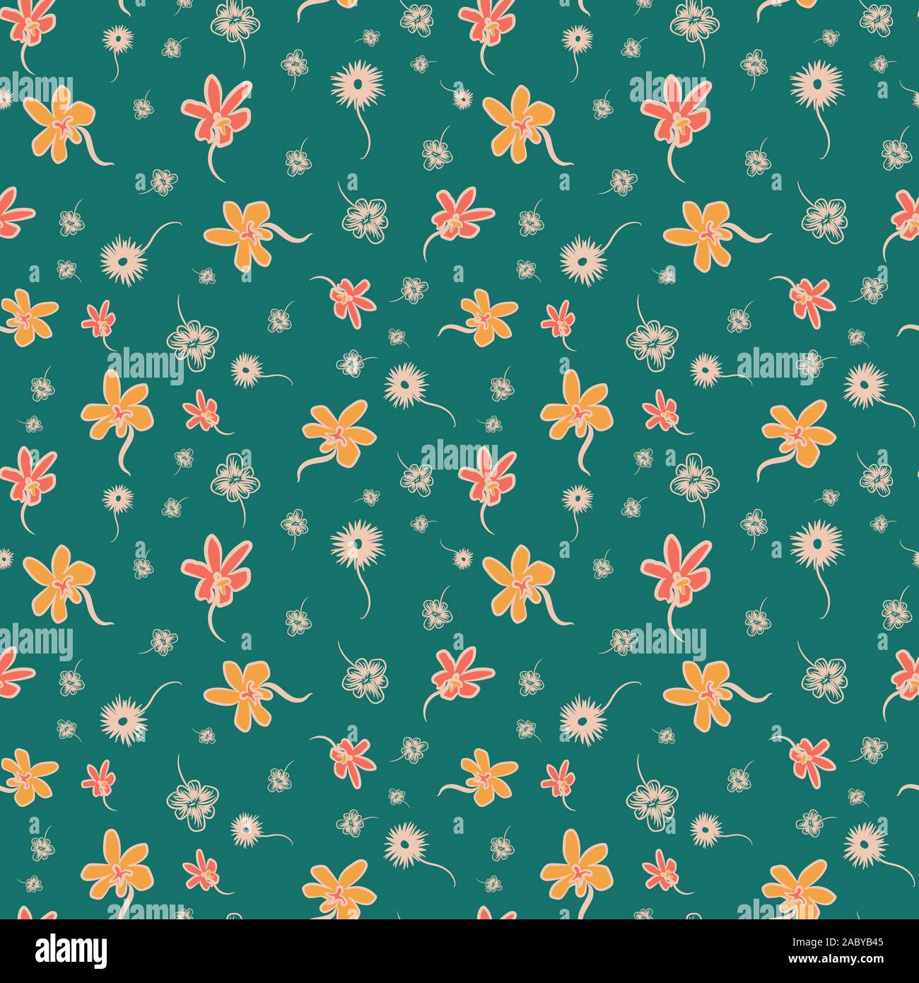 seamless vector ditsy pattern with doodle flowers on a teal background ...