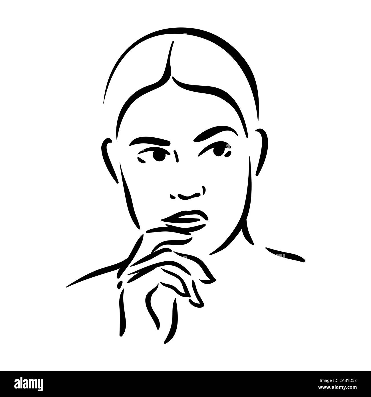 Thinking emotion woman face icon on white background Stock Vector