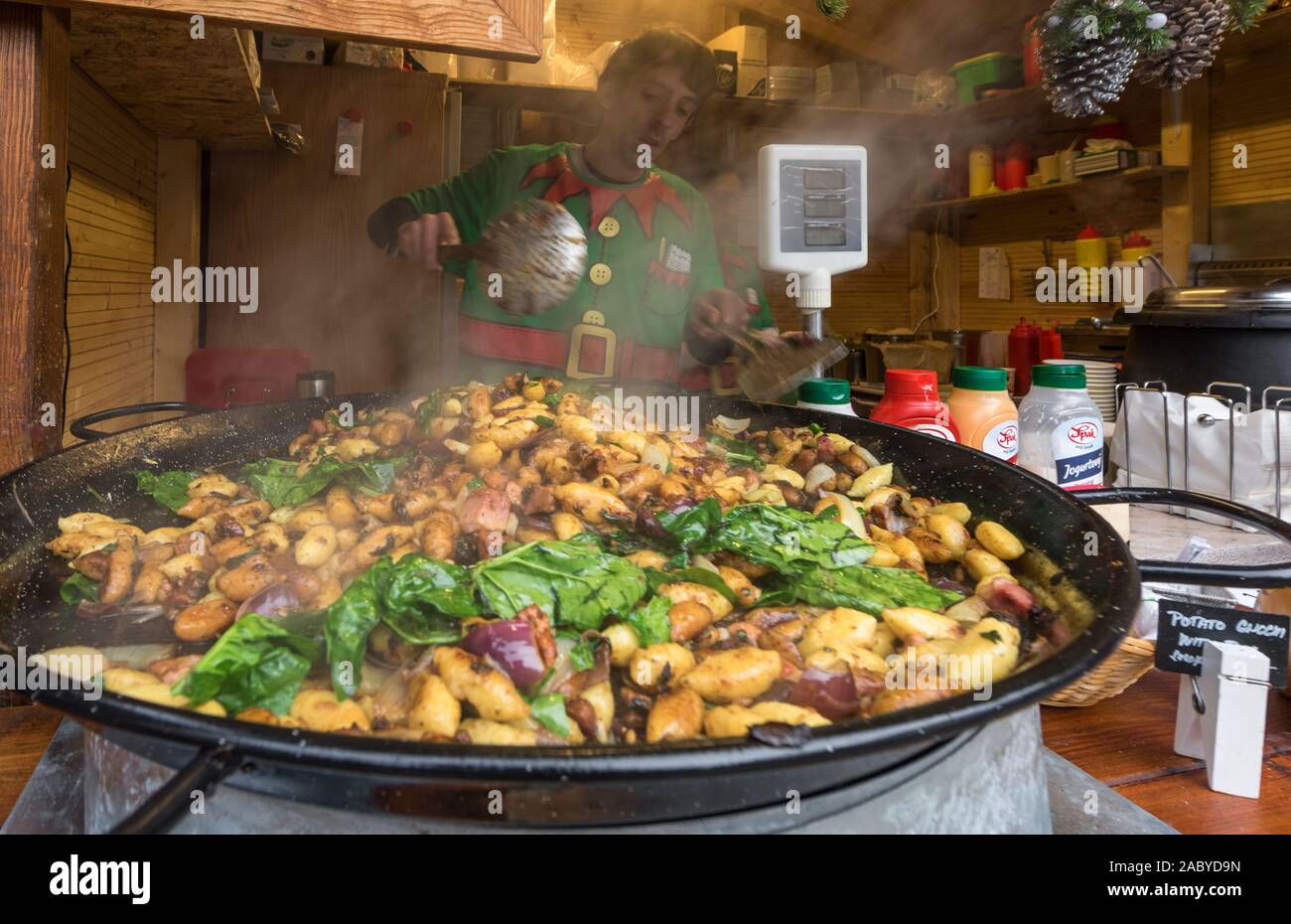 Hot fast food at Christmas market of Prague Stock Photo