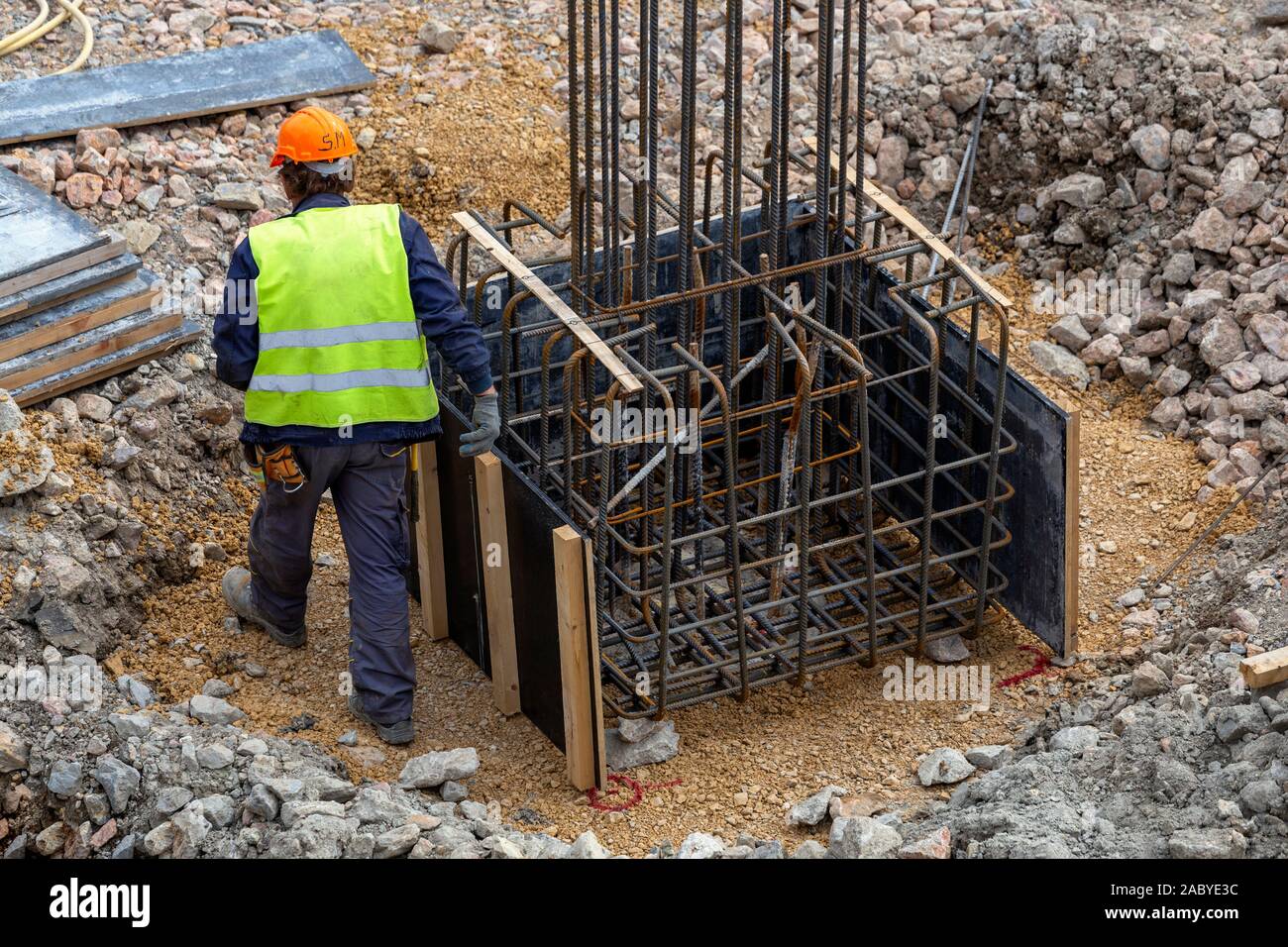 Formwork and steel bars reinforcement for construction concrete poles