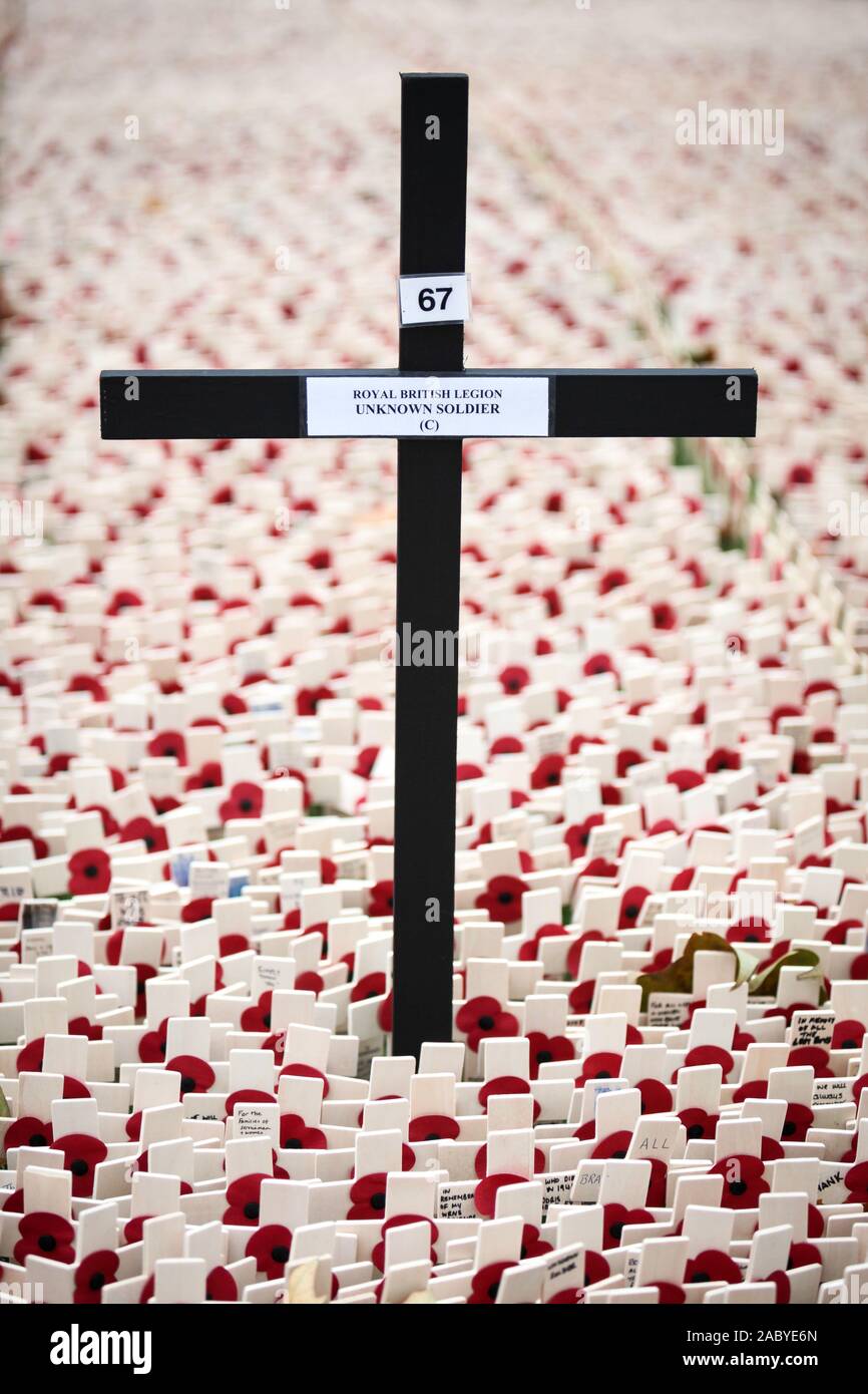 Remembrance Day: Unknown Soldier. A large crucifix marked 'Unknown Soldier' surrounded by countless individual tributes. Stock Photo