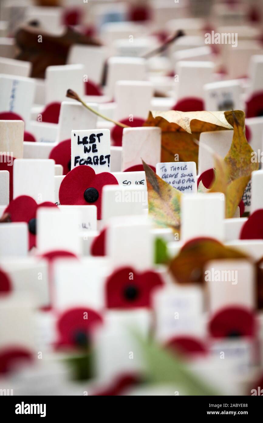 UK Remembrance Day: Lest We forget. Detail of wreaths and messages of remembrance in tribute to those who lost their lives in the line of duty. Stock Photo