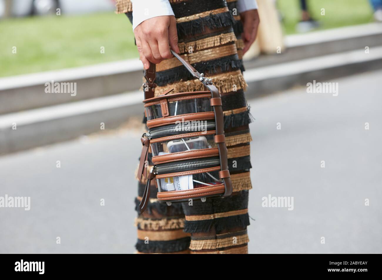 MILAN ITALY SEPTEMBER 19 2019 Woman with black and beige