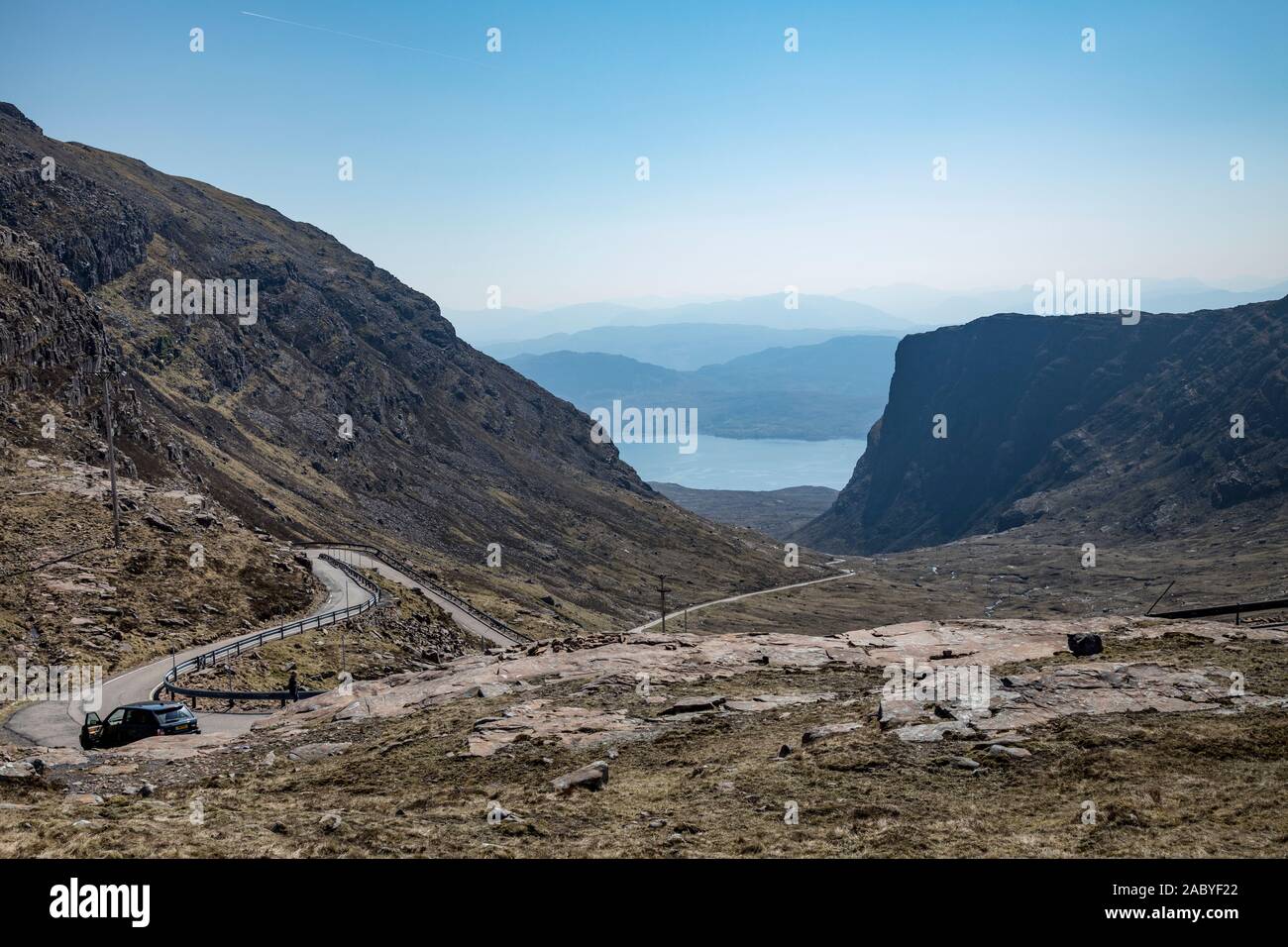 View to Loch Kishorn from the top of 'the Pass of Cattle' or 'Bealach na Ba' on the Applecross peninsula. Stock Photo