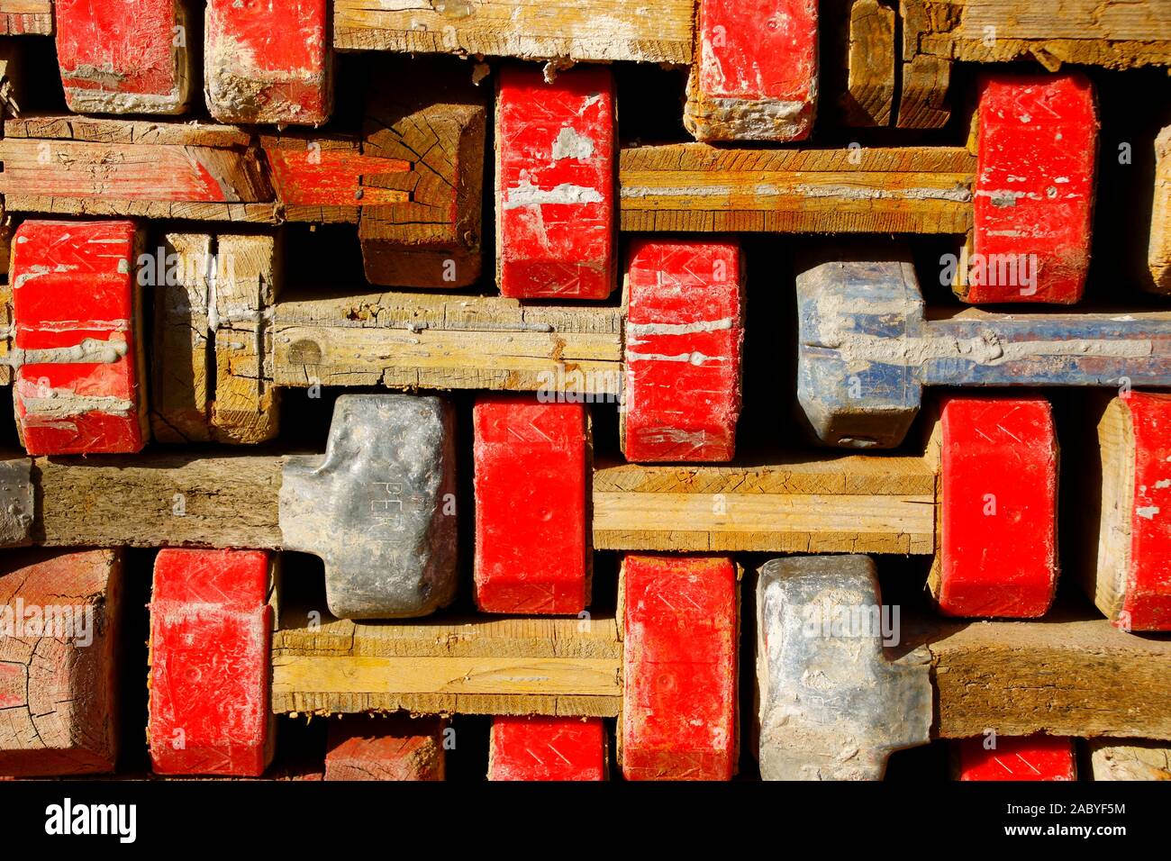 Wooden formwork beams were stacked on a pile Stock Photo