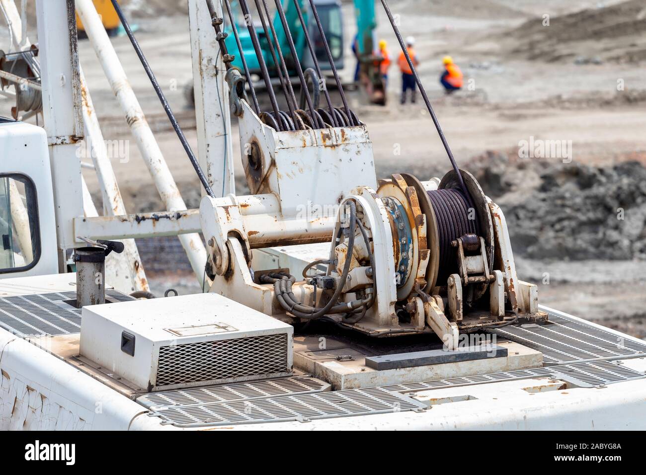Special machine with metal cable crane winch on the construction site