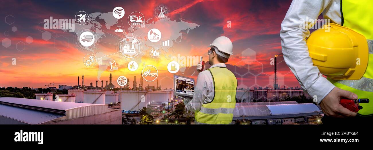 Industry 4.0 Oil refinery and double exposure icon concepts, networking and data exchange and modern technology for the world industrail. Stock Photo