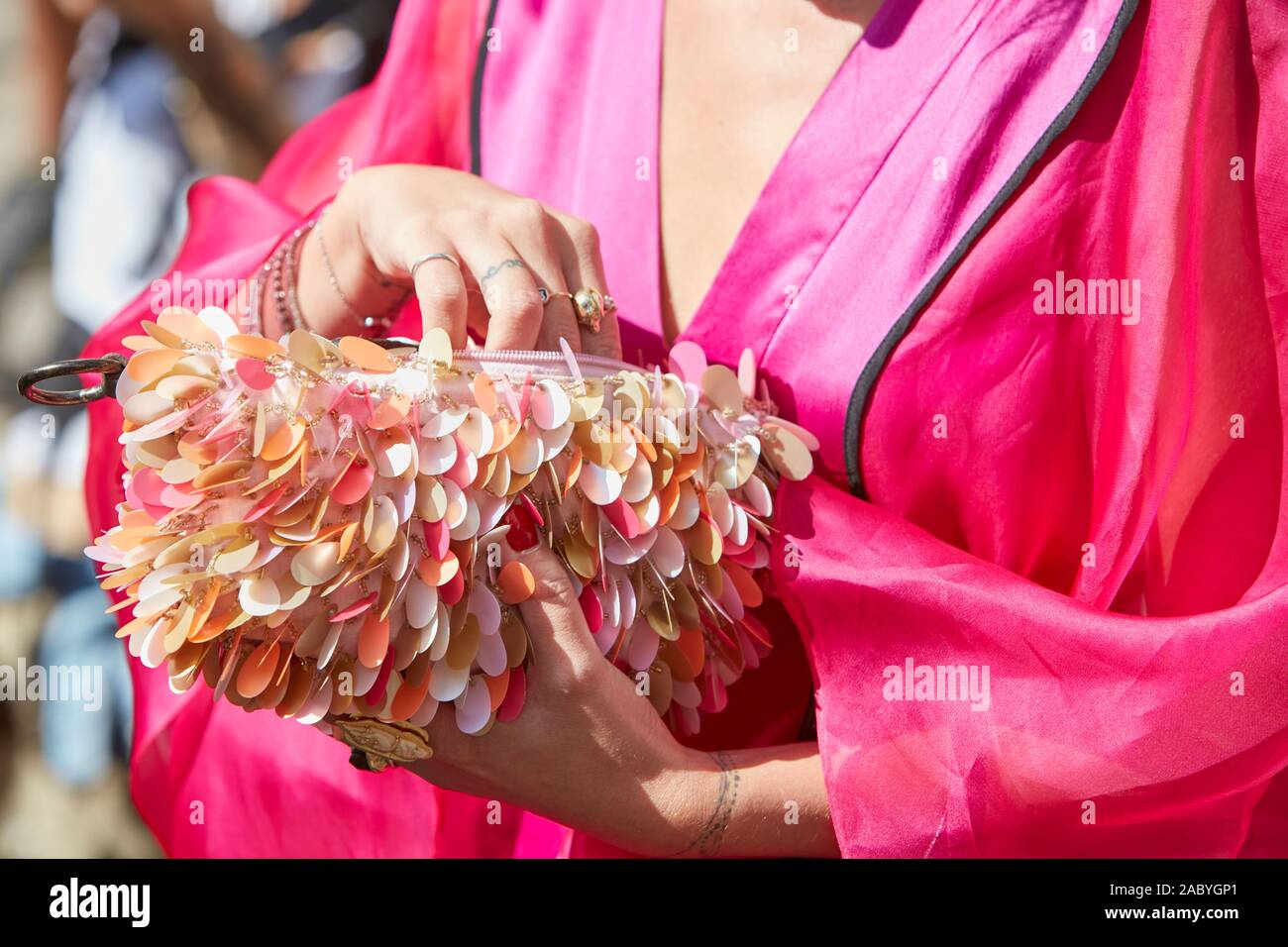Milan Italy September 19 2019 Woman With Pink Jacket And Bag